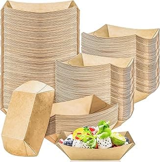 MotBach 120 Pack 1/2Lb Paper Food Boat Trays Disposable Small Paper Boats Plates Containers, 0.5Lb Mini Kraft Food Serving Boat Tray Bowl for Snack Dessert Taco Popcorn BBQ Sauce Fries Nacho