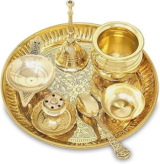 Brass Pooja Thali Set 6 Inch Puja Thali with Pital Plate Kalash Spoon Chandan Wati Dhup Dan Diya Ghanti Arti Thali for Diwali Home Office Mandir Wedding Return Gift Items
