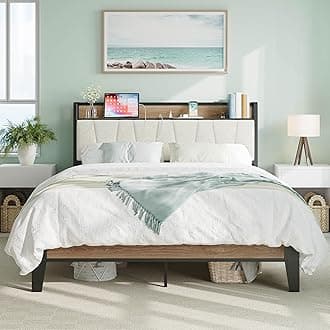 LIKIMIO Queen Bed Frames, Storage Headboard with Charging Station, Solid and Stable, Noise Free, No Box Spring Needed, Easy Assembly, Wood and Cream