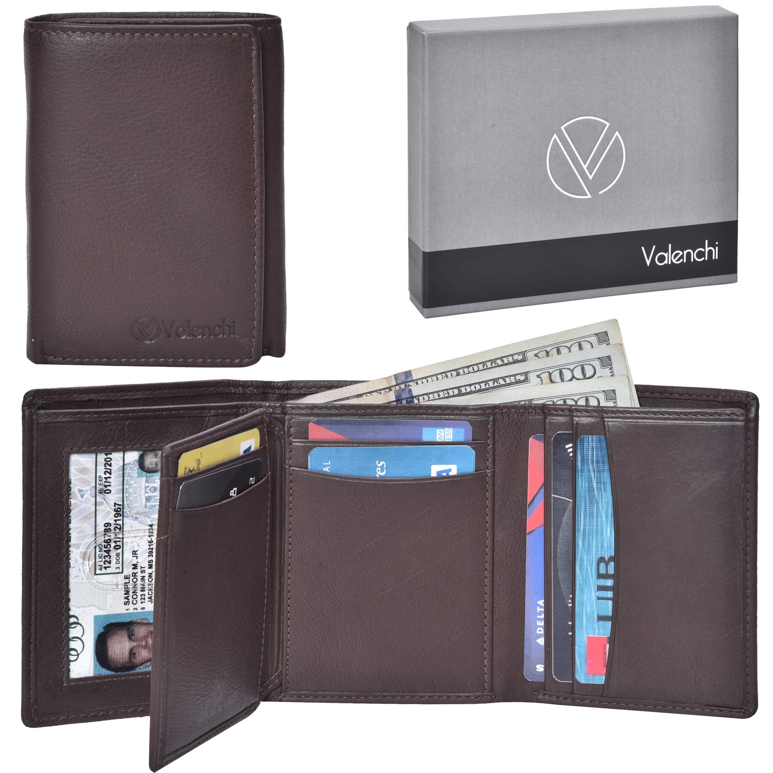 VALENCHI RFID Leather Slim Trifold Front Pocket Mens Wallet with 9 card slots,2 Note pocket coin pocket & ID window