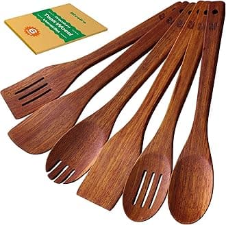Riveira Teak Wooden Spoons for Cooking Set of 6 – Natural Teak Wooden Cooking Utensils, Wooden Spatula, Wooden Spoon - Premium Quality Utensil Set for Non-Toxic Cooking