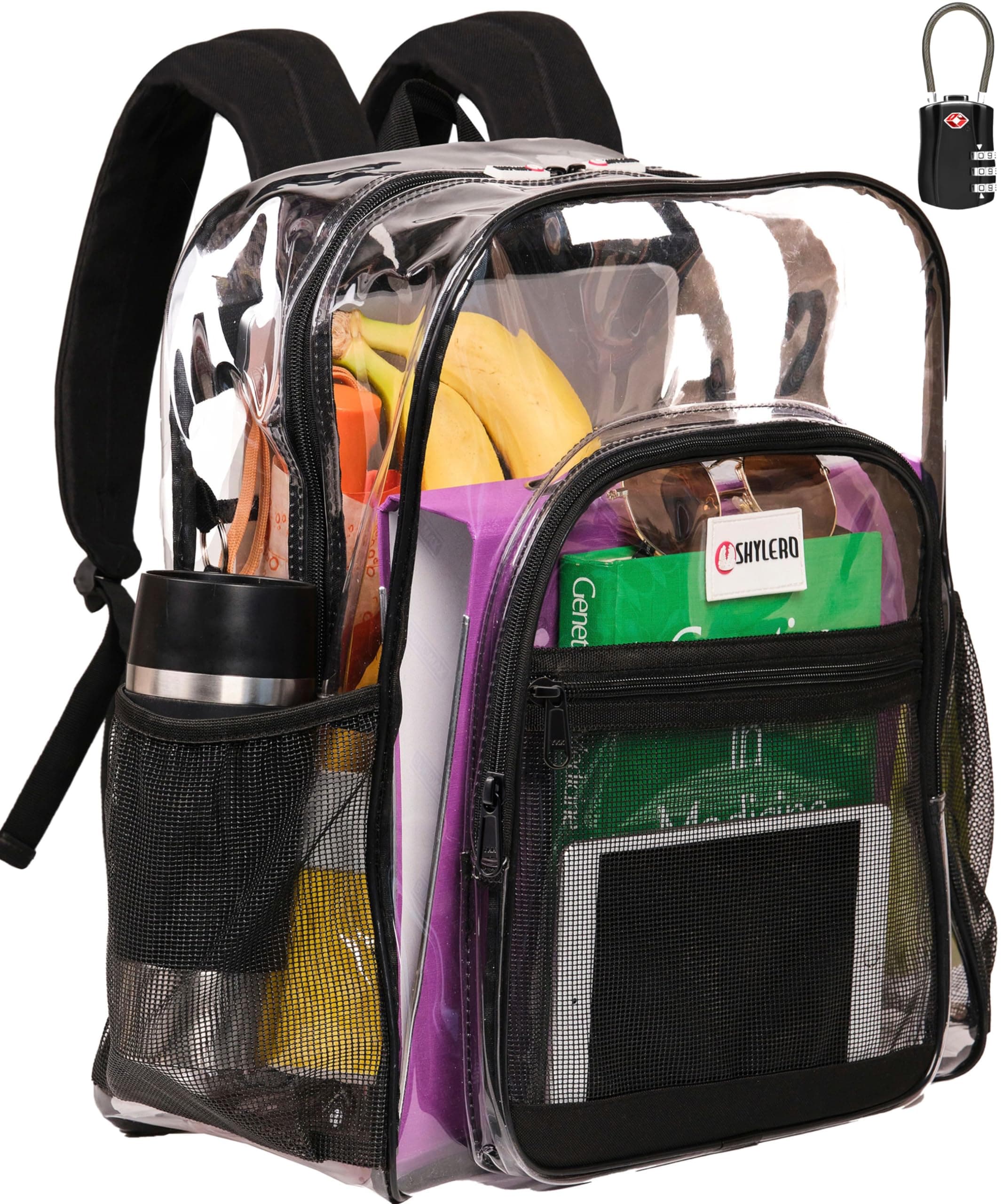Clear Backpack Heavy Duty has TSA Lock, 2-WAY Zipper. PVC Transparent Backpack X-Large - H18''xW14''xD8 - Black