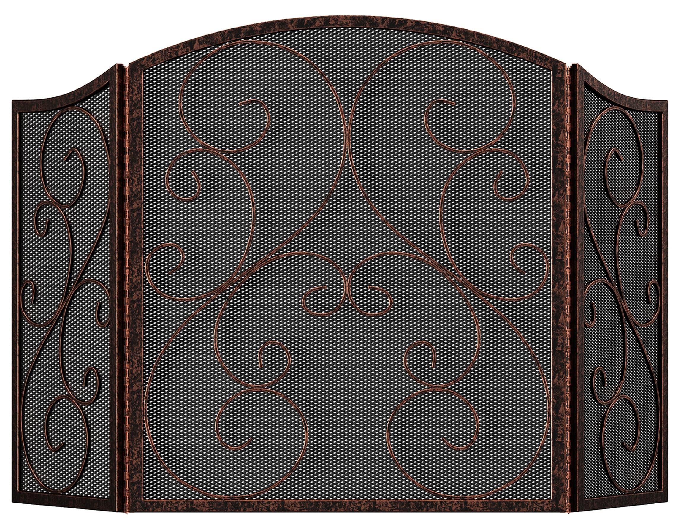 Fireplace Screen 3 Panel Wrought Iron Metal 48"(L) x30(H) Spark Guard Cover(Brushed Copper)
