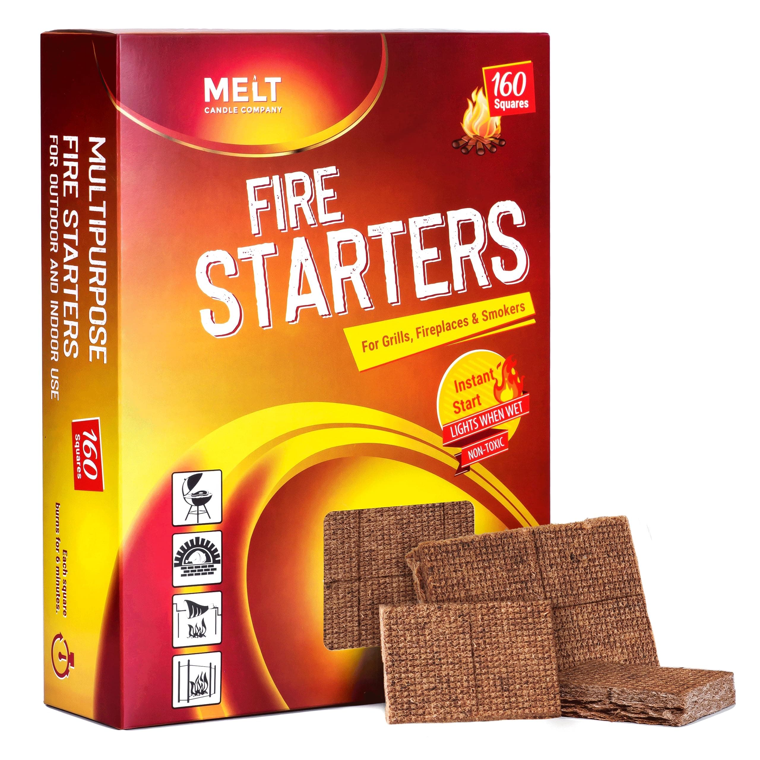 Fire Starters BIG PACK 160 Squares Charcoal Starter for Grills, Campfire, Fireplace, Firepits, Smokers.No flare ups & flavor. FireStarter for wood & pellet stove.Waterproof robust squares