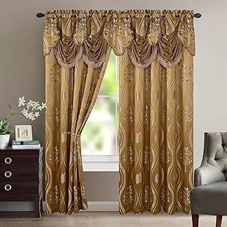 Elegant Comfort Aurora Jacquard Look Curtain Panel Set with Attached Valance 54" X 84 inch (Set of 2), Taupe