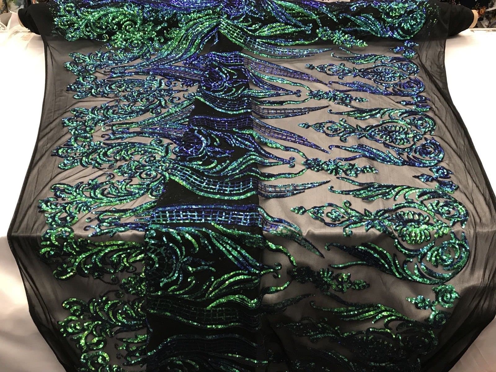 Sequins Fabric - Jade 2 Way Stretch Embroidered Mesh Top 100% Polyester Lace Fashion by The Yard