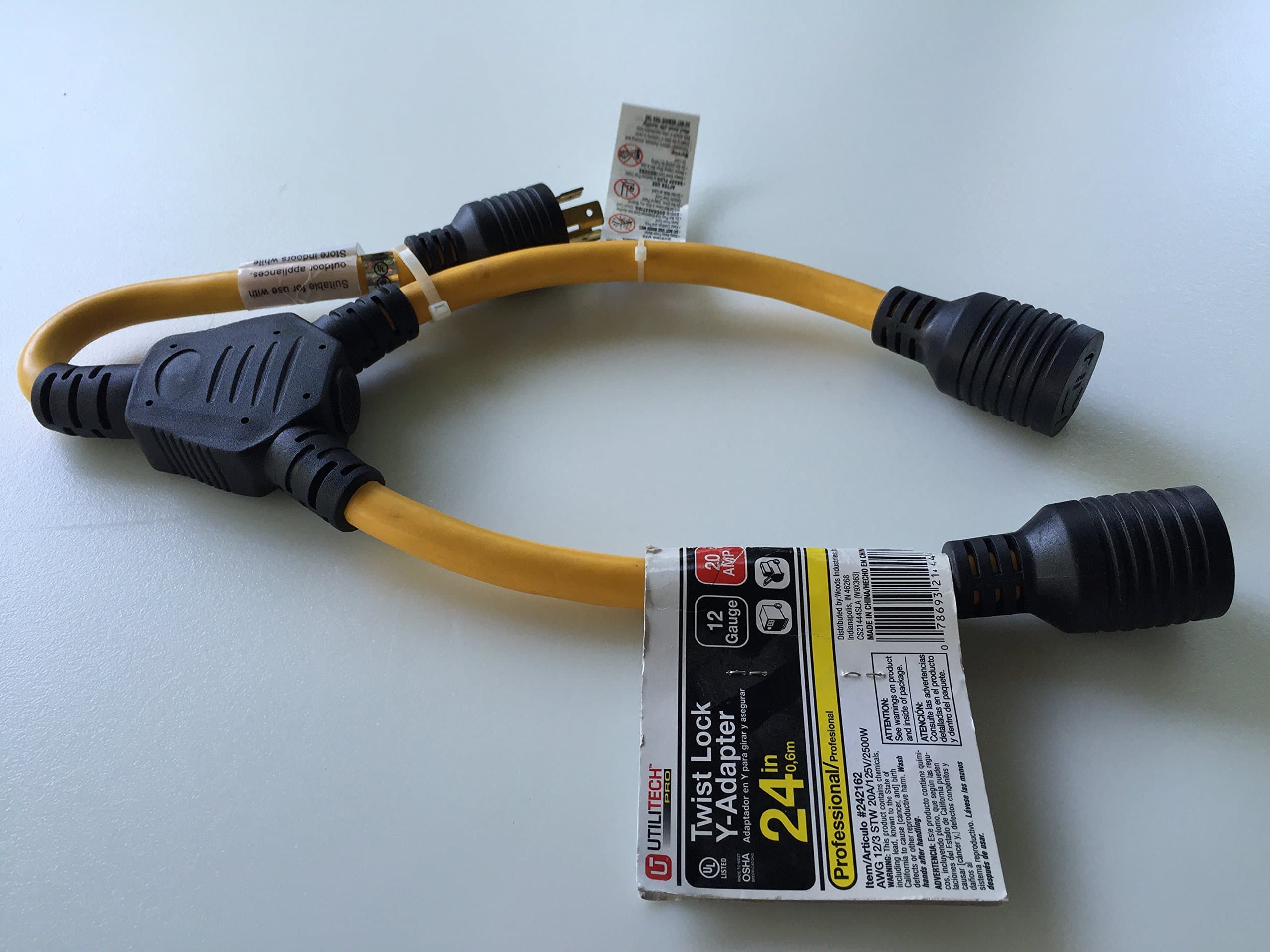 Utilitech 2' 2-Outlet 12/3 Extension Cord, Twist Lock Y - Adapter