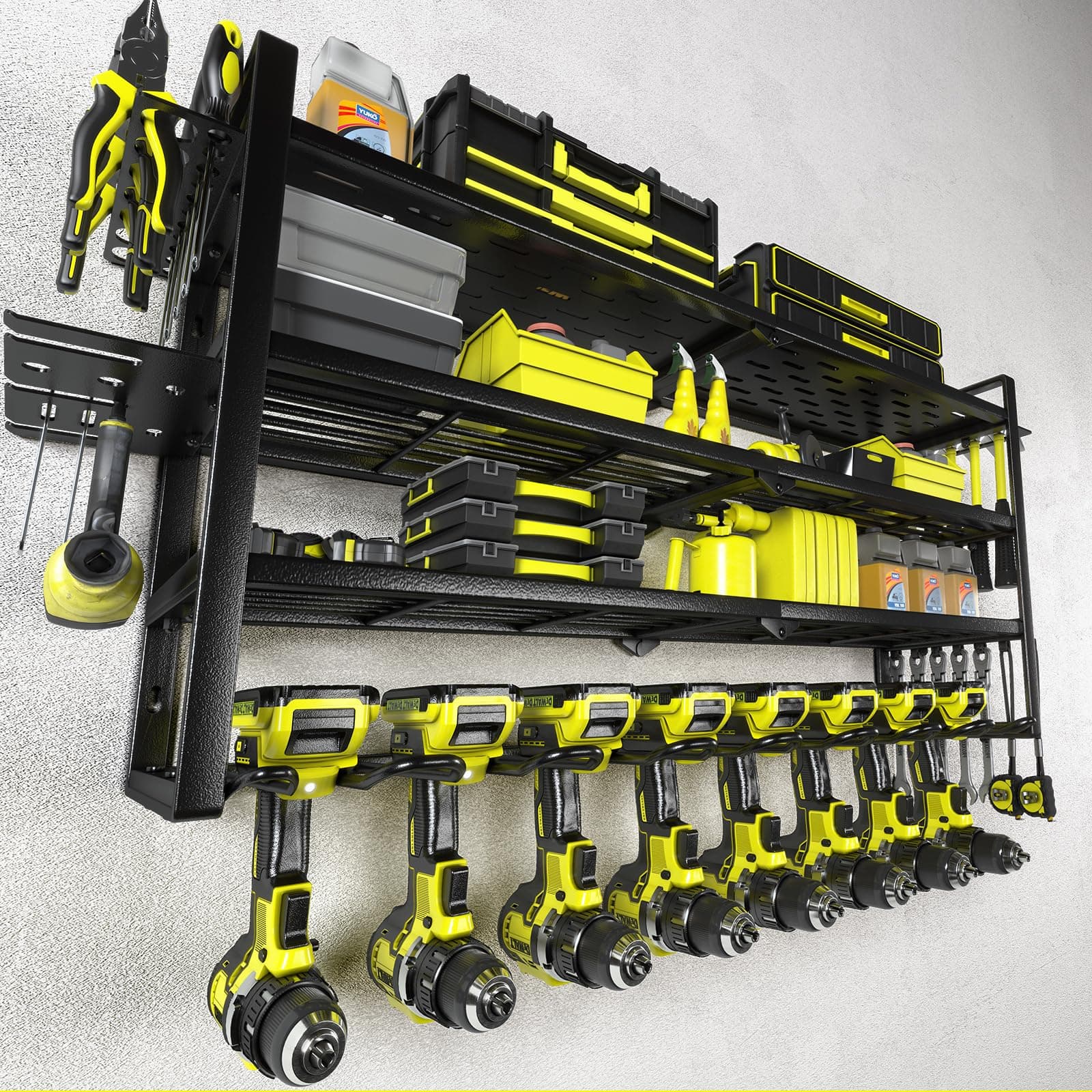 KAFAHOMPower Tool Organizer-8 Drill Holder Wall Mount，Tool Organizer and Storage rack for Garage Organization， Heavy Duty Metal Tool Shelf with Air tool/Screwdriver/Hammer/Plier Holder