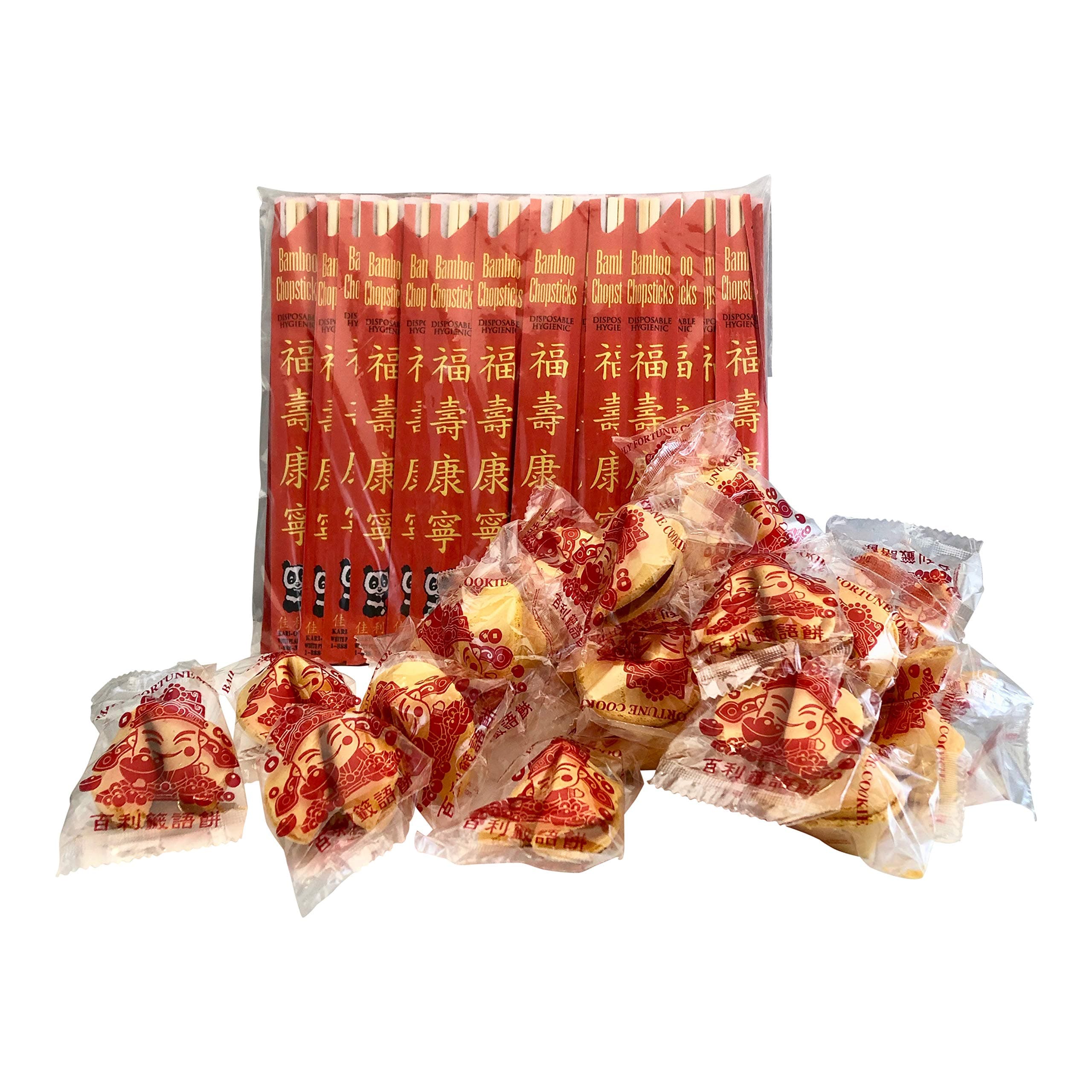 Chinese Party Bundle - 50 Individually Wrapped Fortune Cookies Bundle with 50 Disposable Chopstick Sets