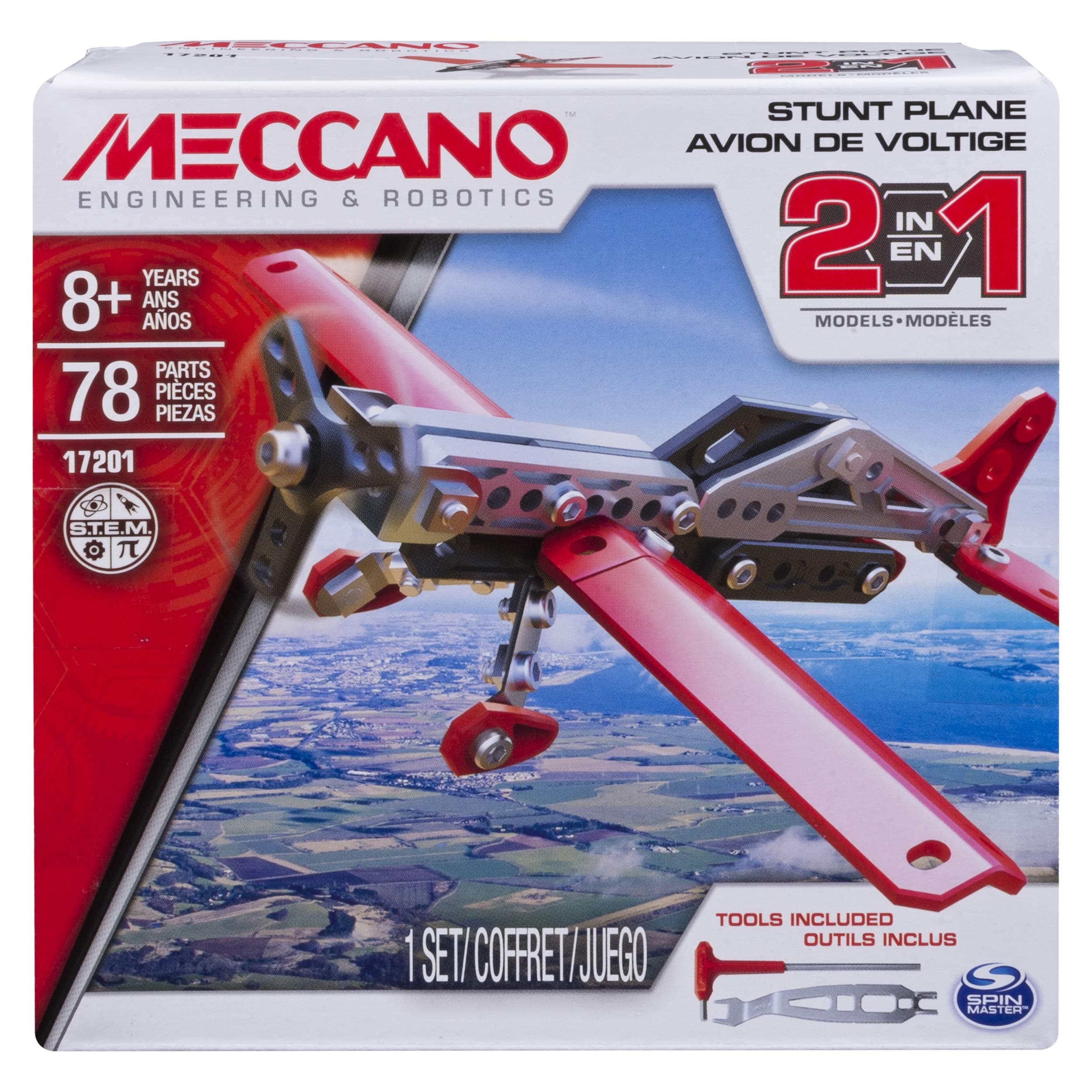 Meccano Erector by , 2-in-1 Stunt Plane Model Building Kit, 78 Pieces, For Ages 8 and up, STEM Construction Education Toy (Multi Color 6036041.0)