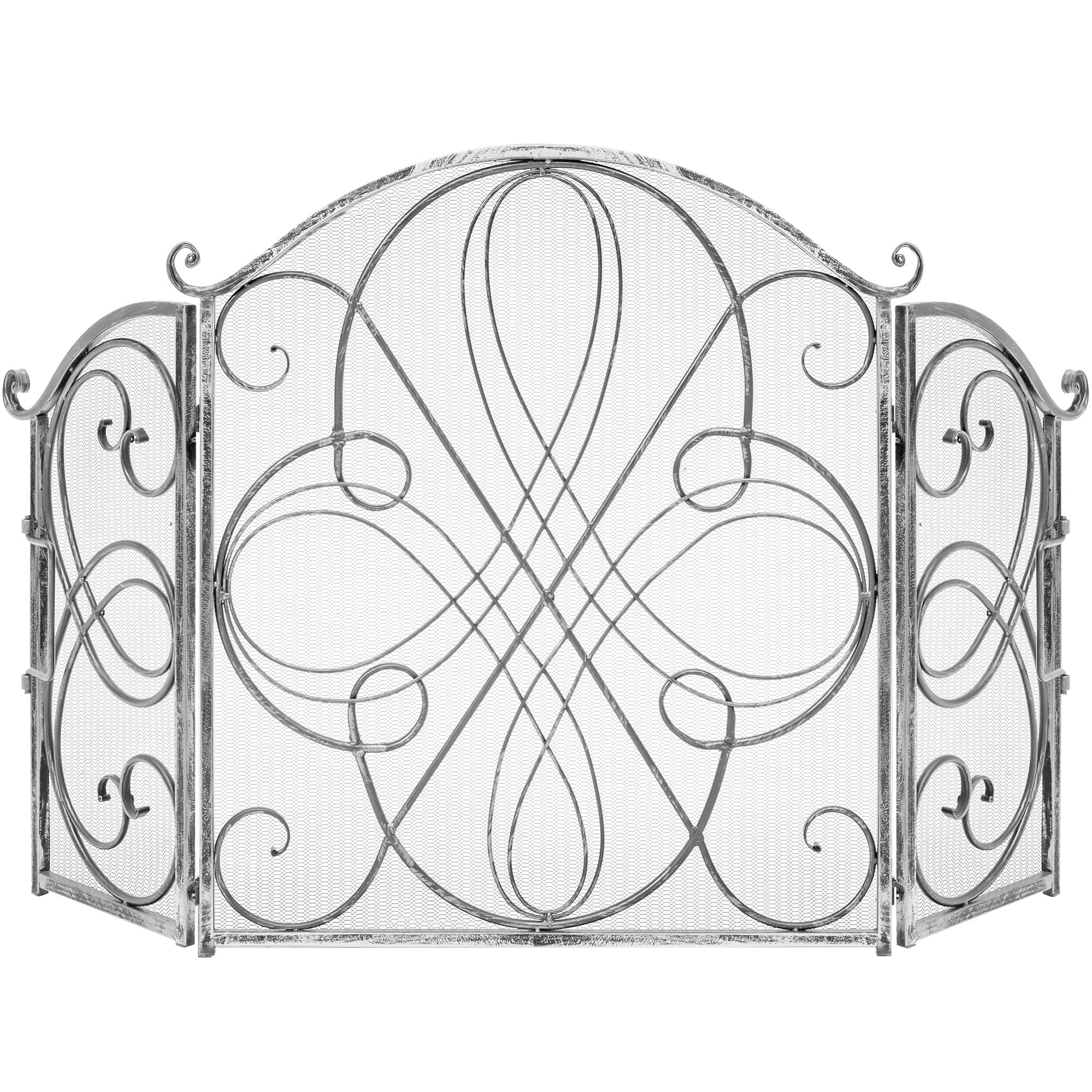 Best Choice Products 3-Panel 55x33in Solid Wrought Iron See-Through Metal Fireplace Screen, Spark Guard Safety Protector w/Decorative Scroll - Pewter