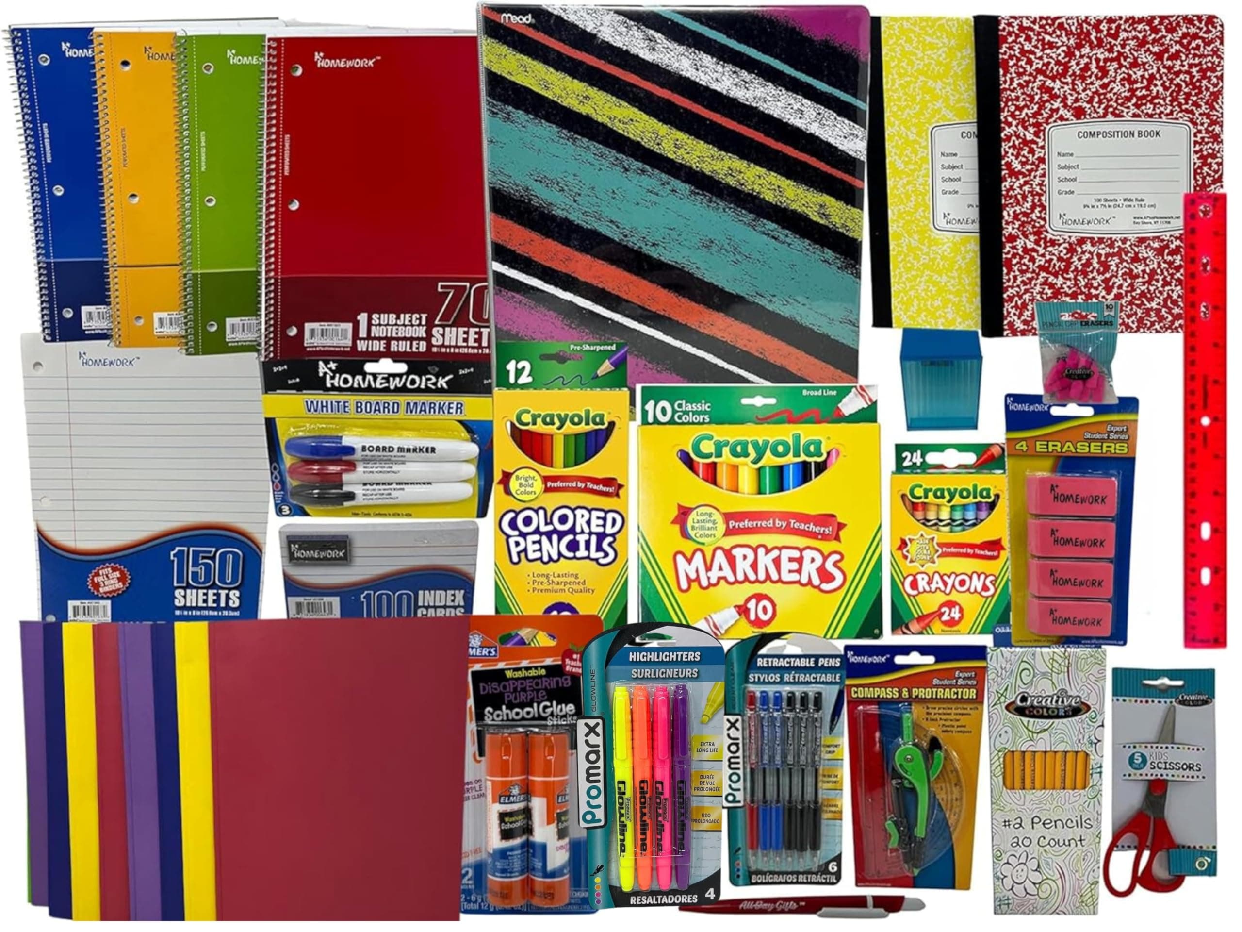 Wide‑Ruled Back to School Essential Supplies Bundle for 3rd‑5th Grade Elementary White Binder, Notebooks, Filler Paper, Crayons & Pencils, Glue Sticks, Composition Books and More (Multicolor)