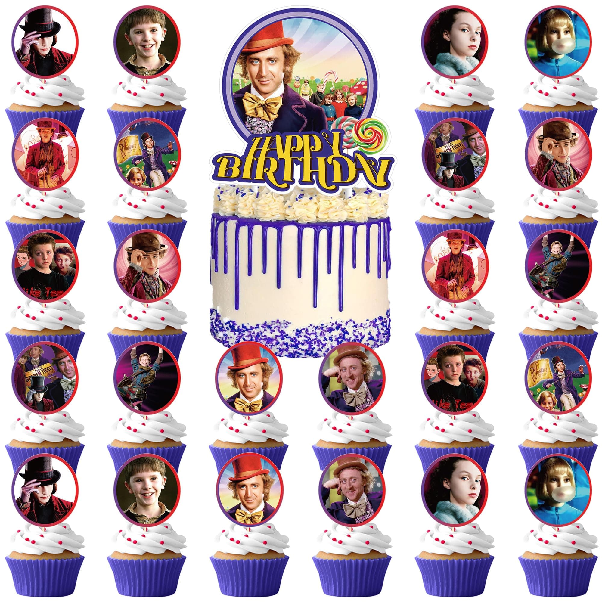 Wonka Party Decorations Includes 1pc Cake Topper and 24pcs Cupcake Toppers for Children Chocolate Factory Theme Birthday Party Supplies Baby Shower