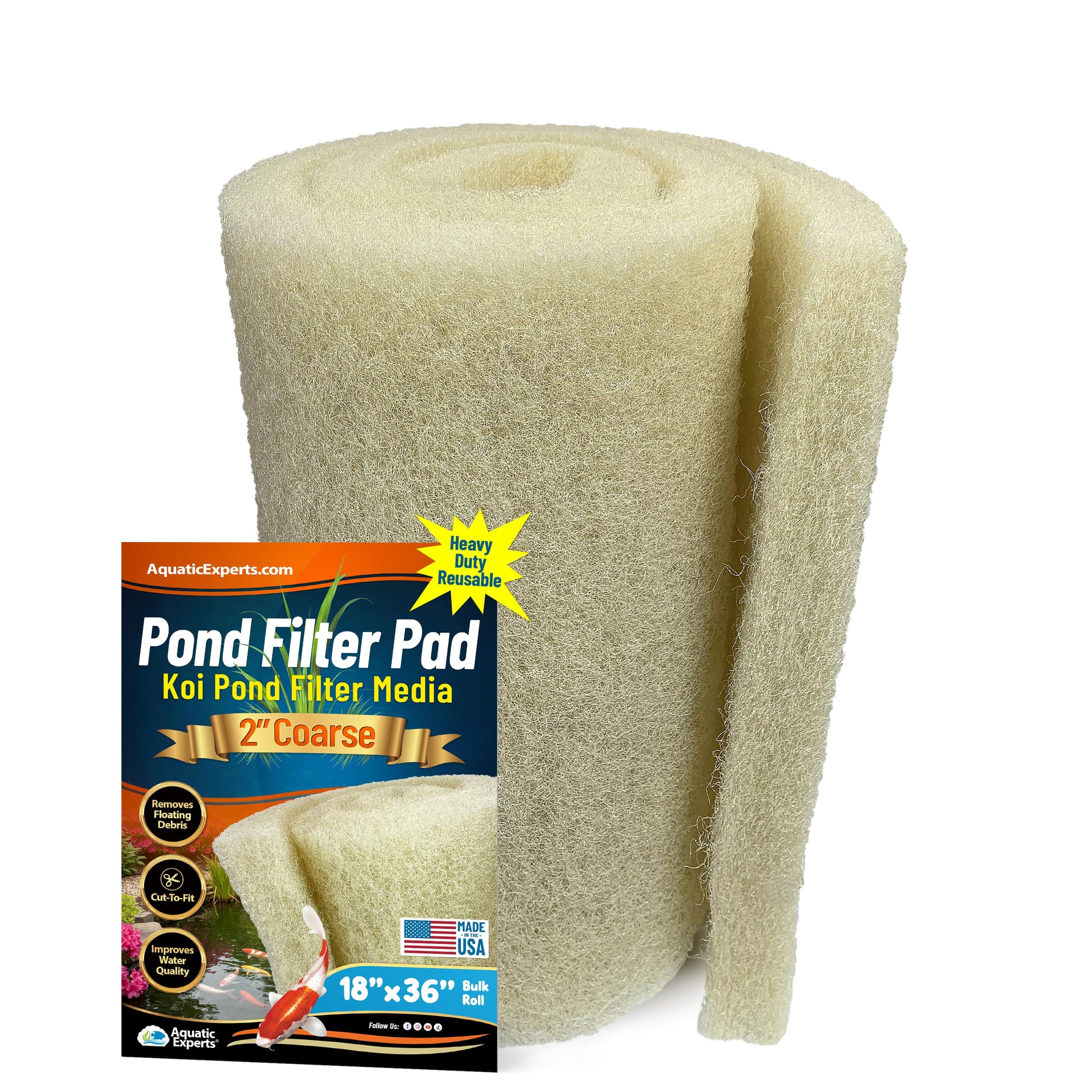 Aquatic Experts Cream COARSE Pond Filter Pad - 2 inch Thick - Bulk Roll Water Garden Filter Pond Media - Made in USA, (18 inch by 36 inch)