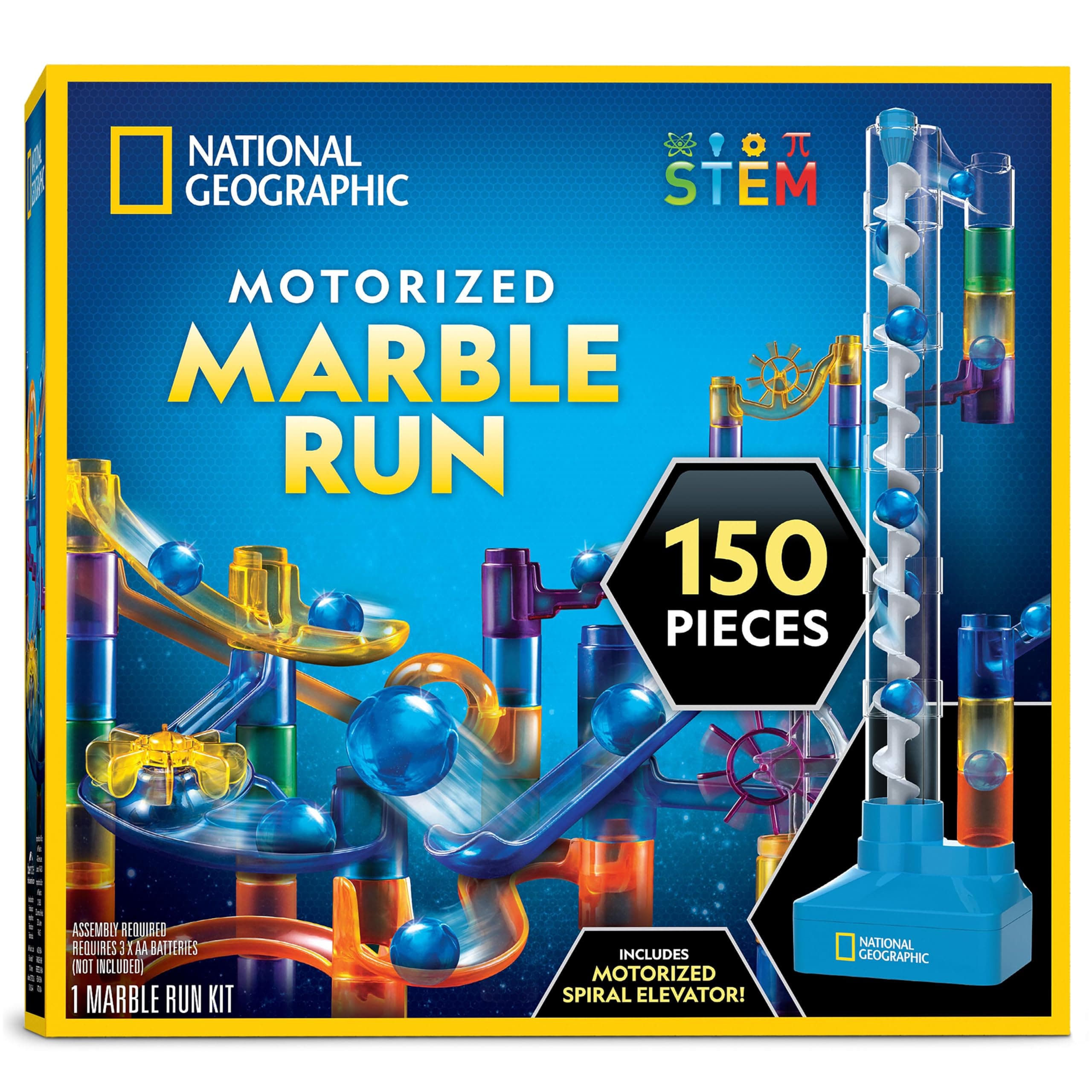 Blue Marble National Geographic Run with Motorized Elevator - 150-Piece Maze Kit with Motorized Spiral Lift, 30 s, Storage Bag & More, Perpetual Motion Machine, Game, Kids Physics Toys