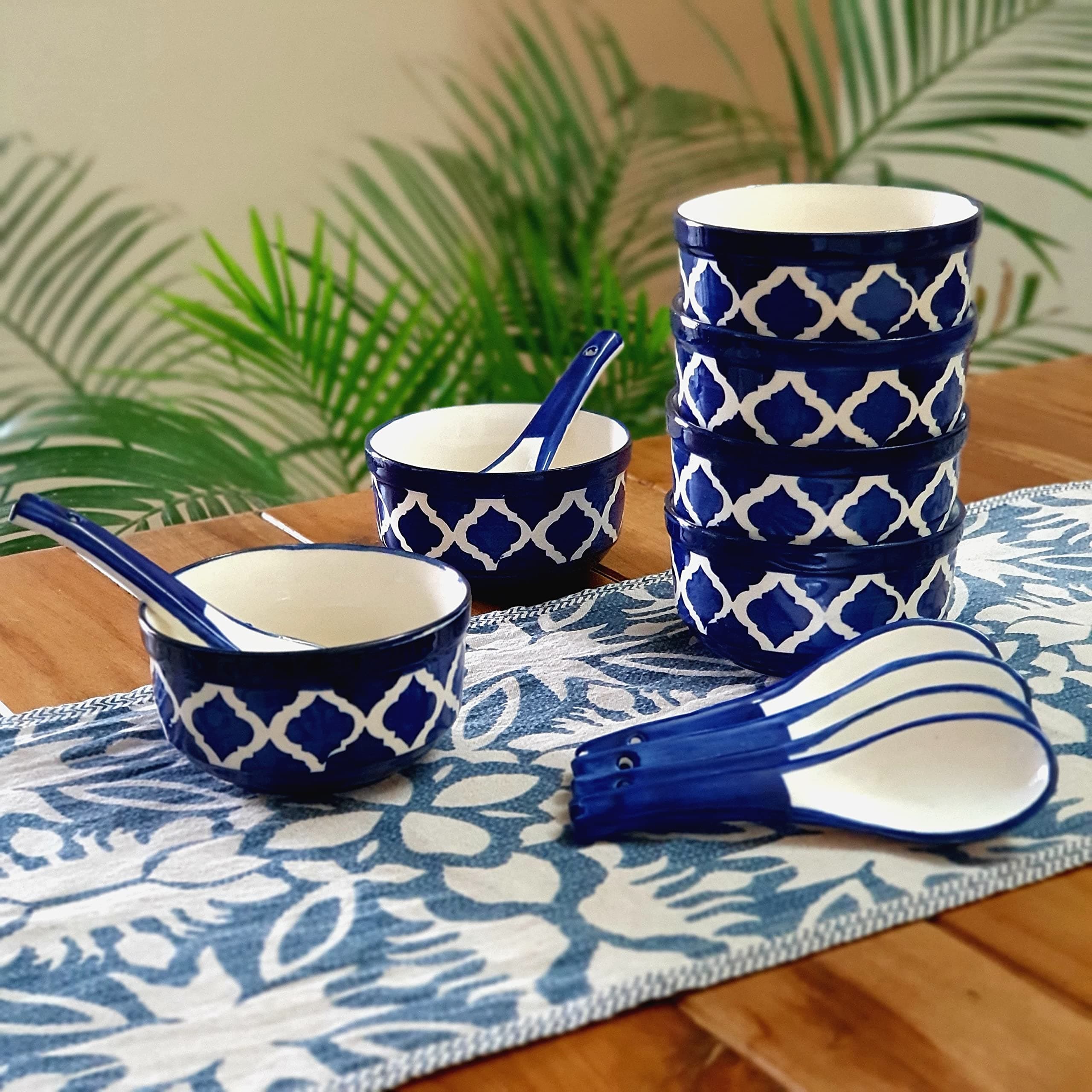 Soup Bowl with Spoon Set | Hand-Painted Ceramic Bowl Set of 6 | 300ml Each | Ideal for Serving Soup, Maggi, Dessert | Microwave & Dishwasher Safe (Blue)