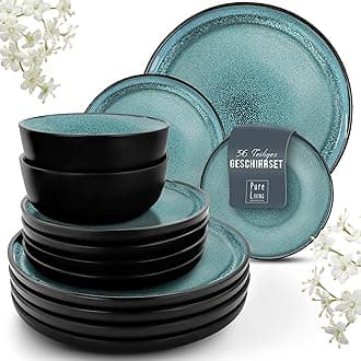 PURE LIVING INTERIOR DESIGN Ibiza Stoneware Dinnerware Set 36 Piece - Dinnerware Set for 12 People, Dishwasher and Microwave Safe, Dark Petrol Blue, Dinner Service Plates
