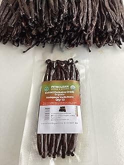 13 Madagascar Organic Vanilla Beans Extract Exclusive Grade B|4.5"- 5.5" by FITNCLEAN VANILLA| USDA Certified Organic. Dry Whole Natural Raw NON-GMO PODS