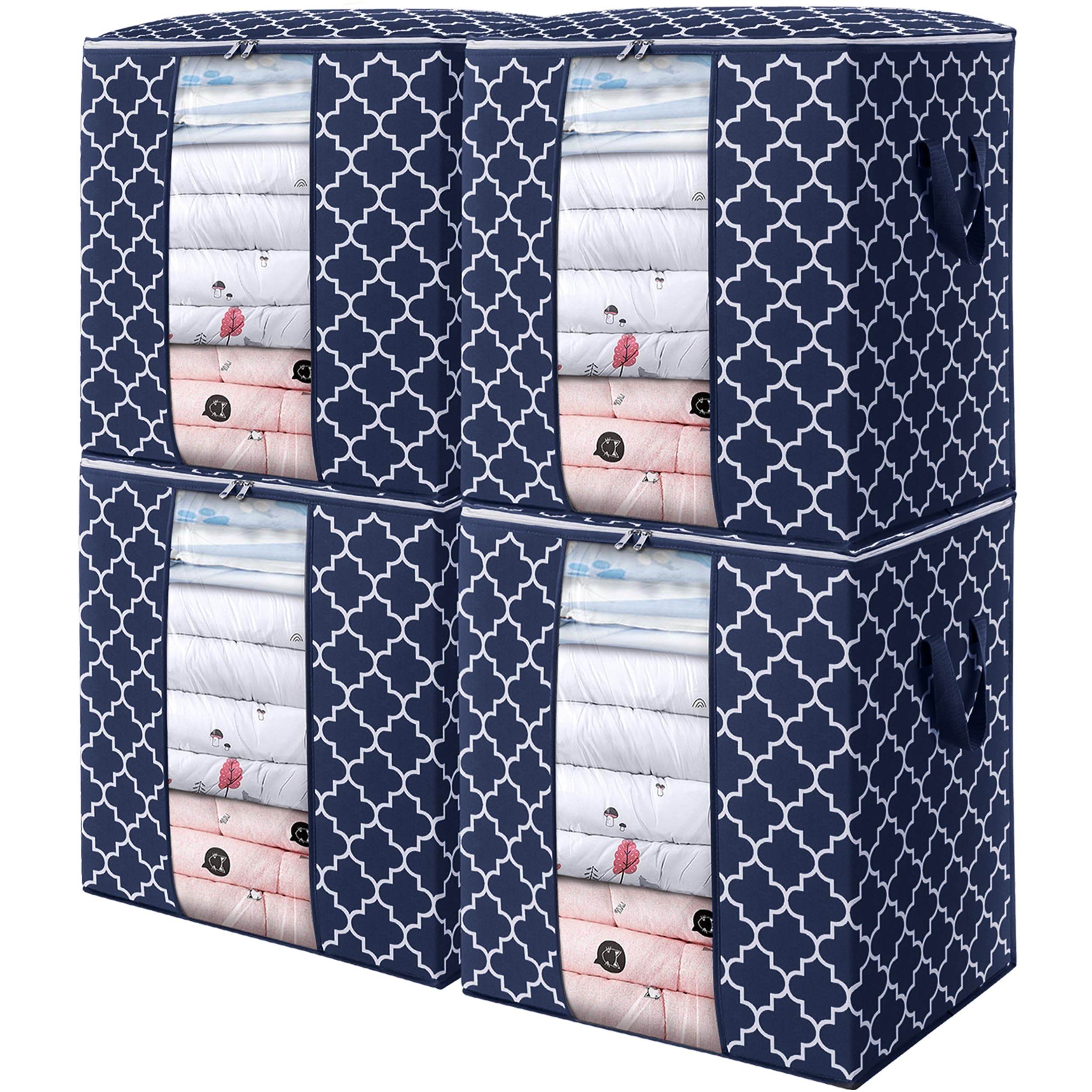 WISELIFE Storage Bags 4 Pack/100L Large Blanket Clothes Organization and Storage Containers for Comforters,Bedding, Foldable Organizer with Reinforced Handle, Clear Window, Sturdy Zippers,Blue