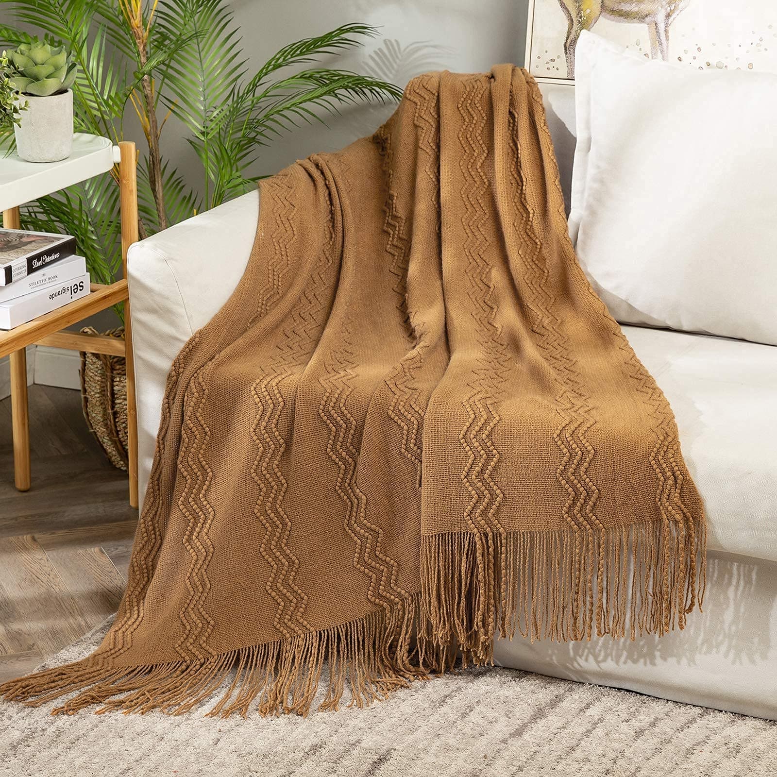 MIULEE Knitted Brown Throw Blanket for Couch,Boho Bed Decor Knit Outdoor Blankets Throw Size with Tassels Cozy Woven for Sofa Home Chair Wave Pattern 50" x 60" Inches
