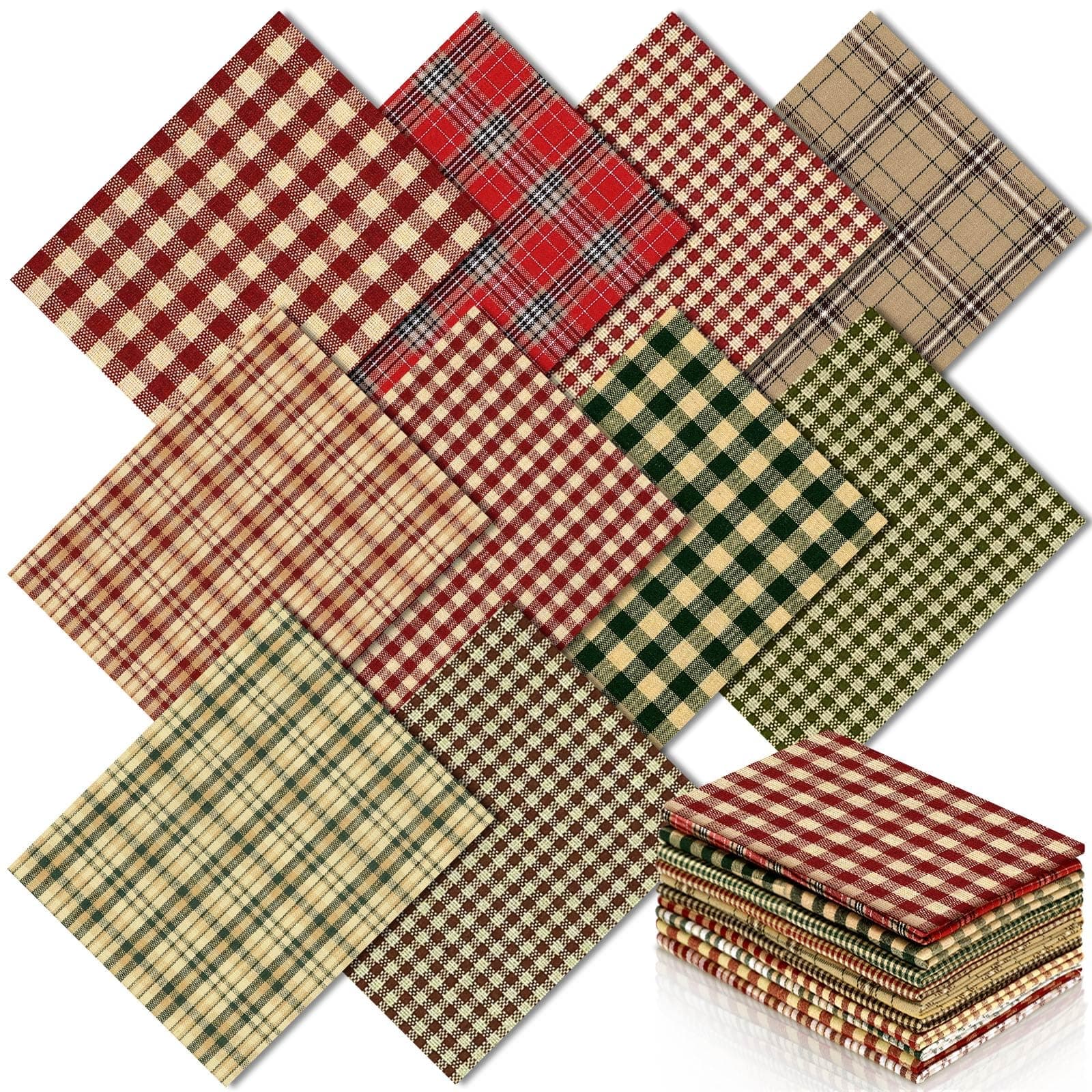 Hahafelt 10 Pcs 18 x 22 Inch Vintage Plaid Fat Quarters Gingham Homespun Christmas Quilting Fabric Bundles Buffalo Check Lattice Rustic Precut Squares Strips for Patchwork Craft Sewing DIY