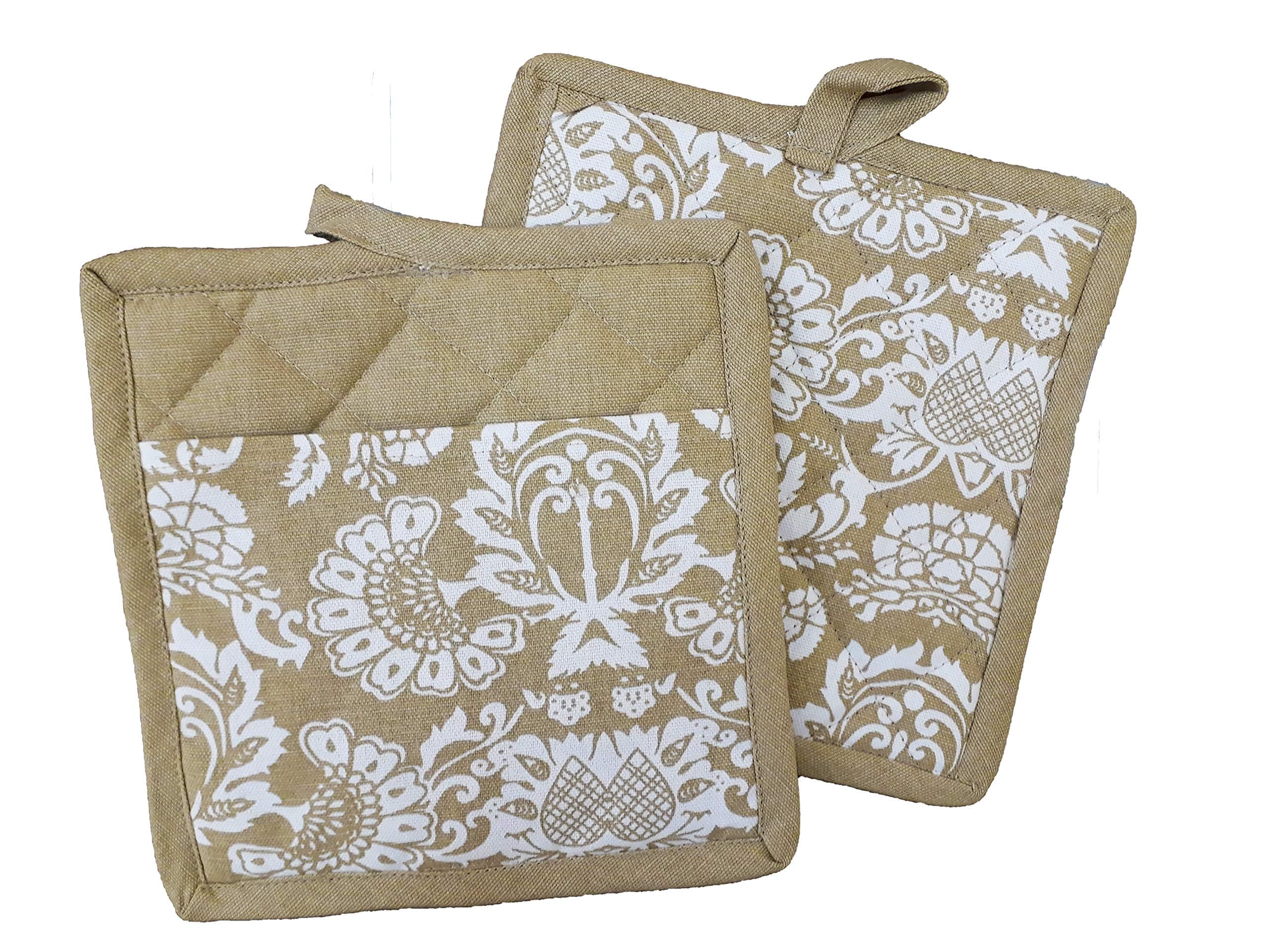 Pot Holder Set - Beige, 100% Cotton Pot Holder with Polyester Fill, Size 8x8 Inch, Heat Resistant for Cooking, Baking, Grilling, Microwave & BBQ. Set of 2 Kitchen Pot Holders with Pocket.