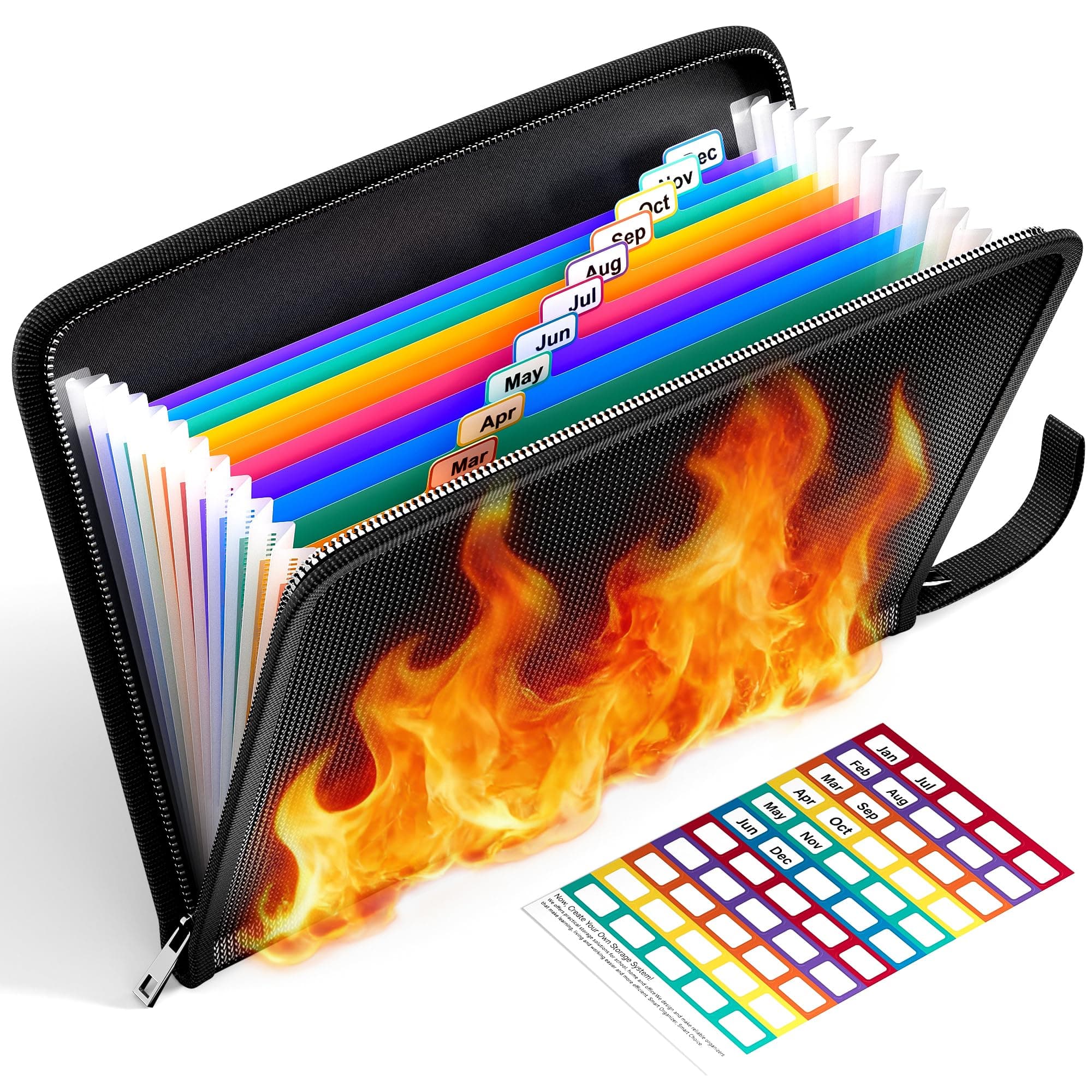 ThinkTex Important Document Organiser, Fireproof & Waterproof, 12 Pockets Zippered Accordion Files, Colorful Tabs