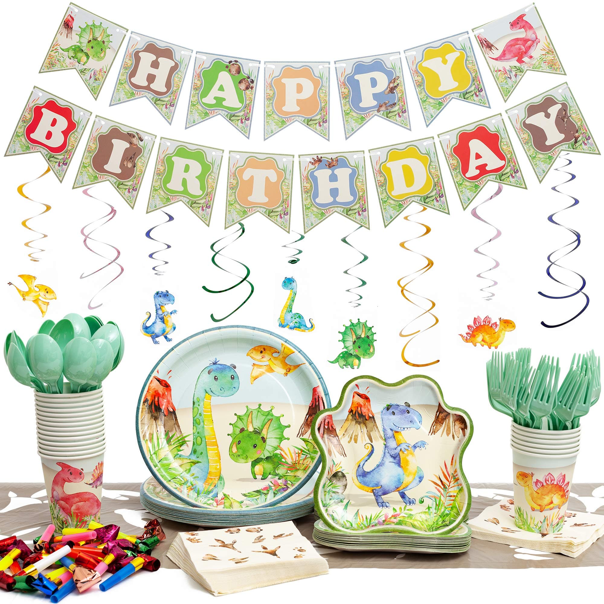 192 Pieces Dinosaur Party Supplies Pack - Serves 20 - Set Includes Favors - Plates - Cups - Napkins - Table Cloth - Cutlery - Birthday Banner and Decorations