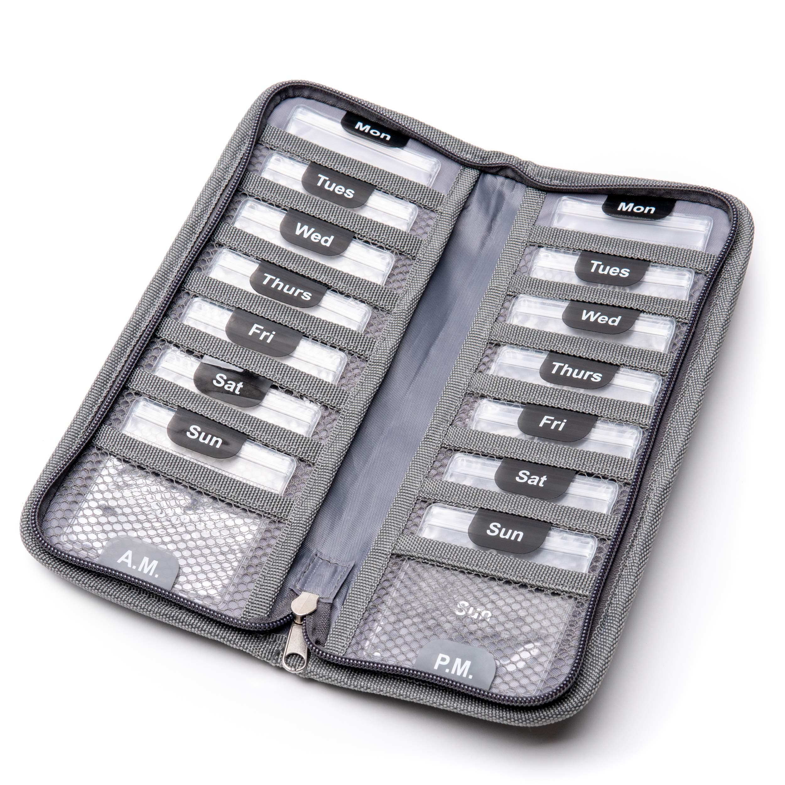 AM/PM Bi-Folding Pill Organizer + Supplement Case for OTC Medicine, Prescription + Vitamins - 14 Labeled Monday-Sunday Pouches, Charcoal Grey Travel Pill Case W/Weekly Planner