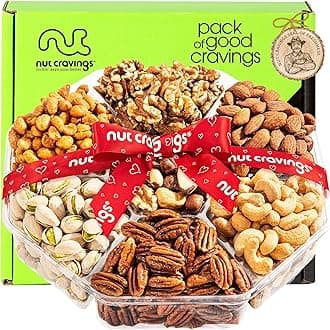 Gourmet Collection - Mixed Nuts Gift Basket + Heart Ribbon (7 Assortments) Arrangement Platter, Birthday Care Package - Healthy Kosher USA Made
