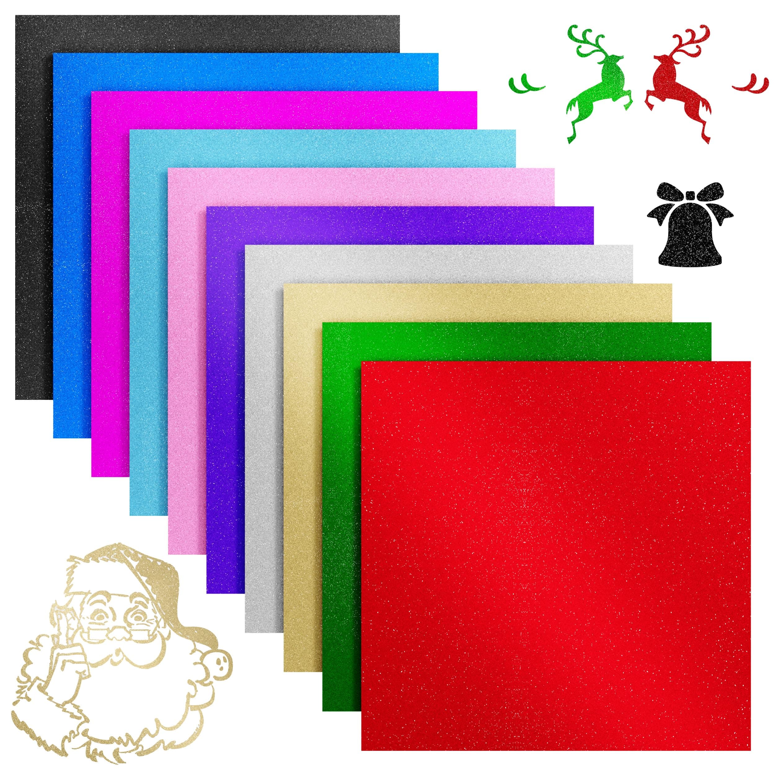 Glitter Permanent Vinyl Bundle for Christmas Decorations, 12" x 12" Shimmer Adhesive Vinyl for Cricut, Sparkle Permanent Vinyl 10 Sheets, DIY Home, Wall Stickers, Birthday Party, Wedding Decals
