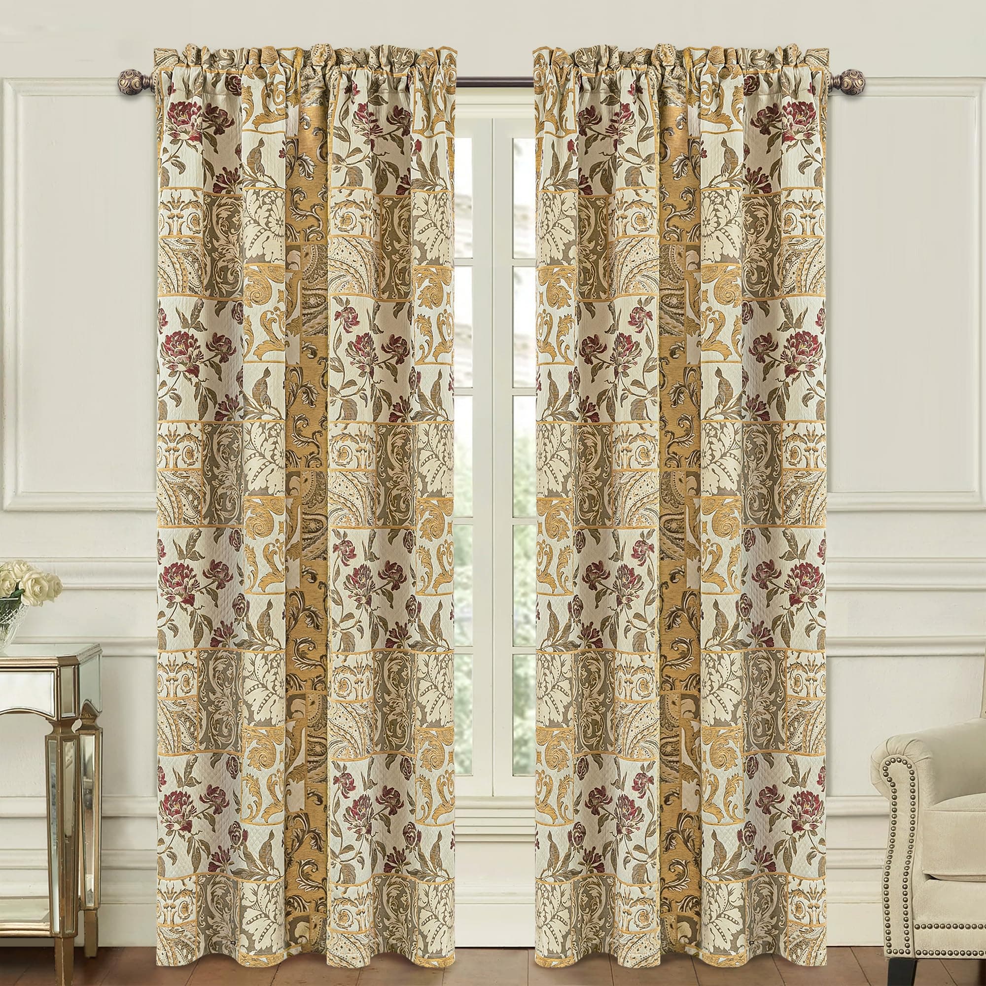 Loom and Mill Damask Patchwork Curtains for Bedroom, Beige Yellow Lined Jacquard Curtains 2 Panels with Tiebacks, Window Curtain for Living Room Banquet Halloween Decor, Rod Pocket(52”x 84”, 2 Panels)
