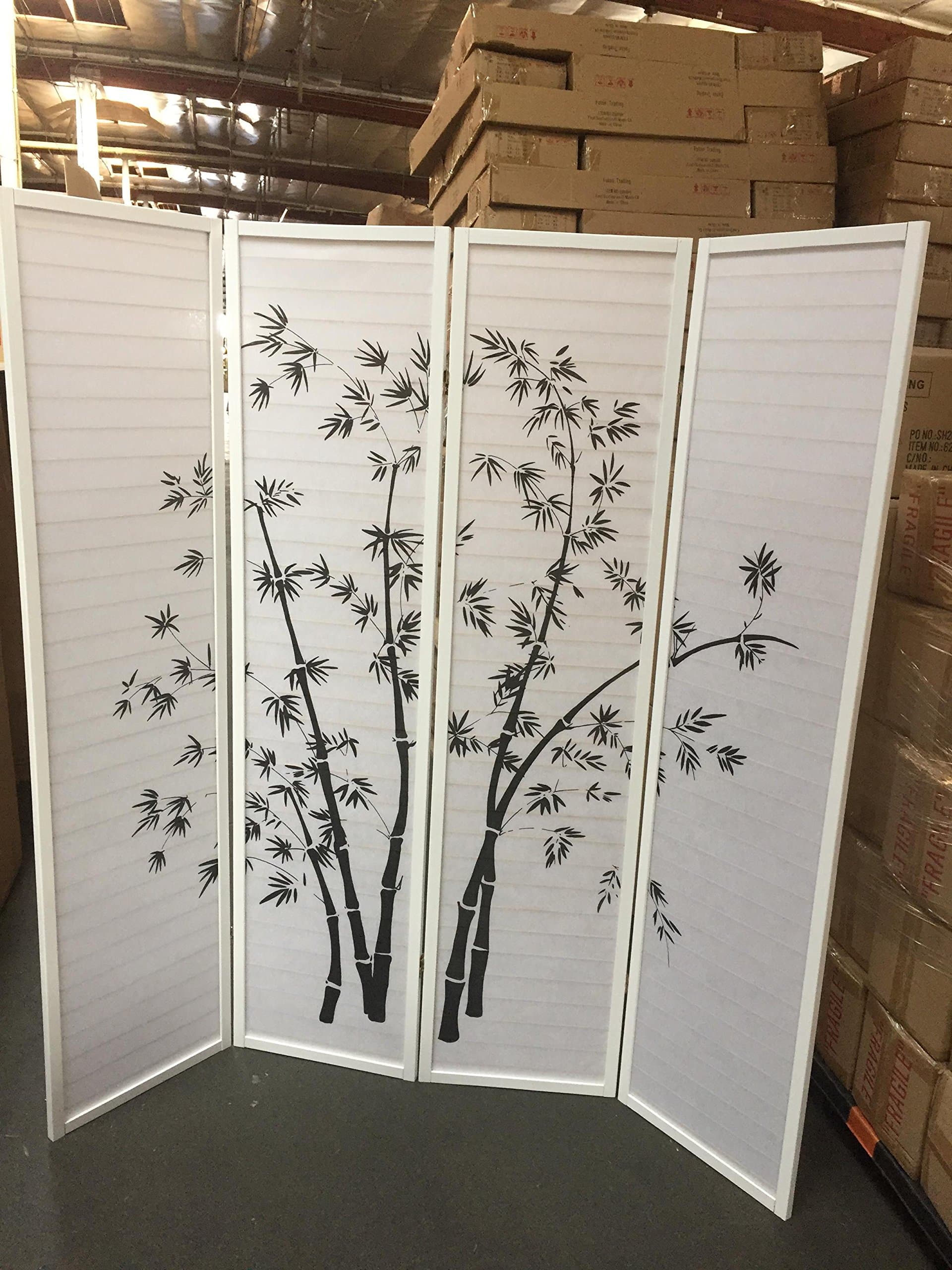 Bamboo Flower Shoji Screen 4 Panel Room Divider - White