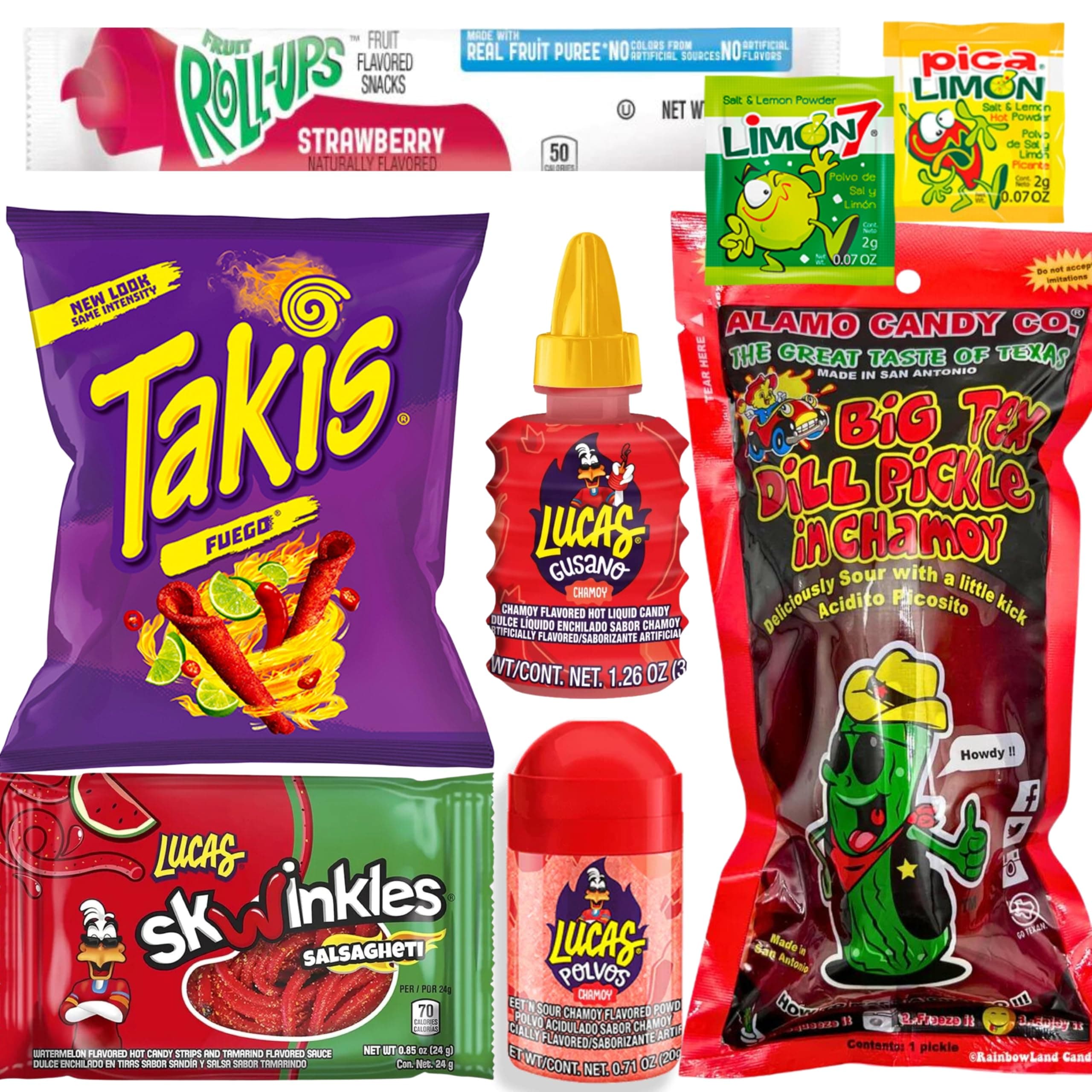 Tiktok Chamoy Pickle Kit With Fruit-Roll-up & Chips, Includes Lucas Gusano, Skwinkles Salsagheti & More by Ma Lit Candy (Big Tex Chamoy Pickle)