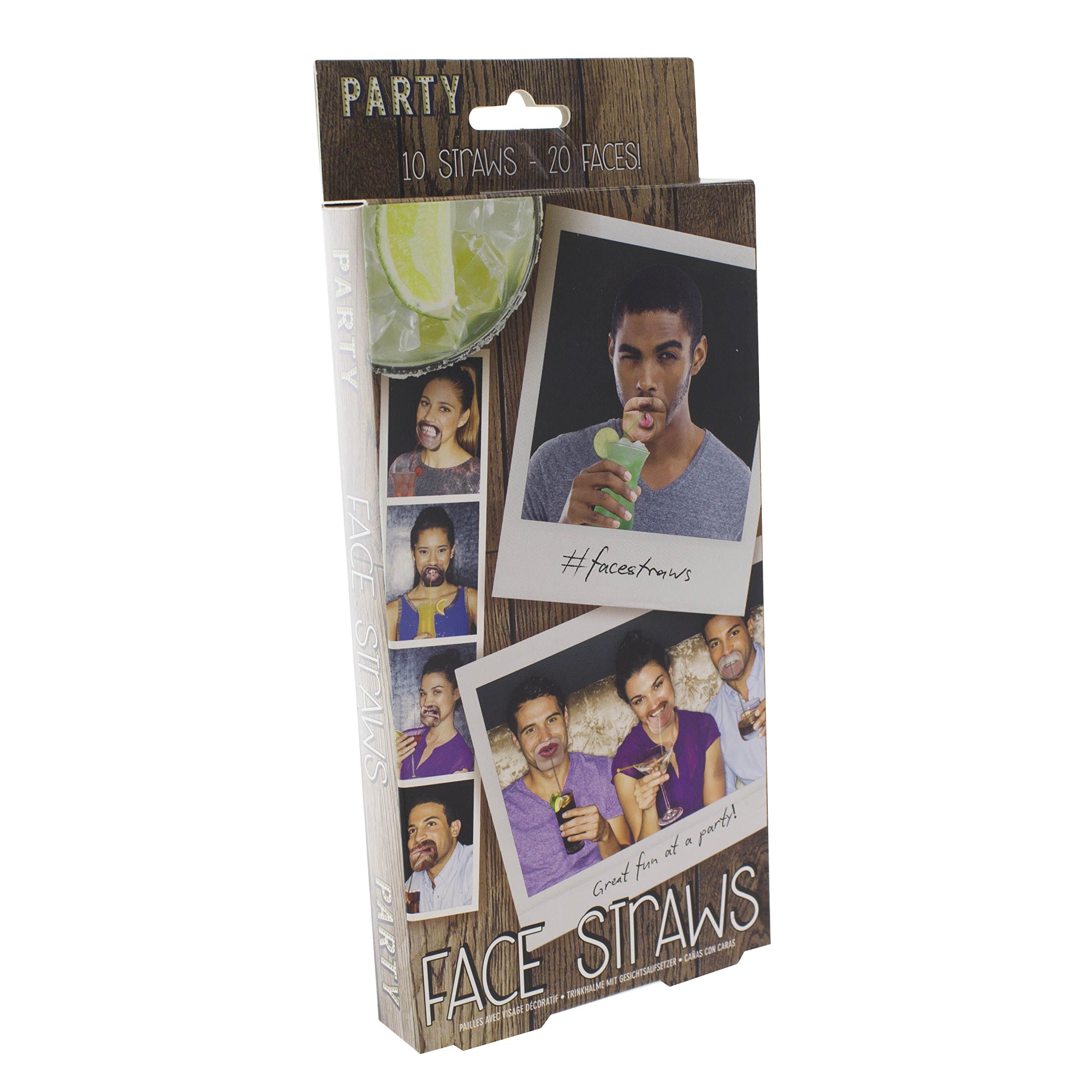 Paladone Party Double Sided Reusable Realistic Face Toppers | Includes 10 x Transparent Straws, Multi Coloured, 2x13x20 cm