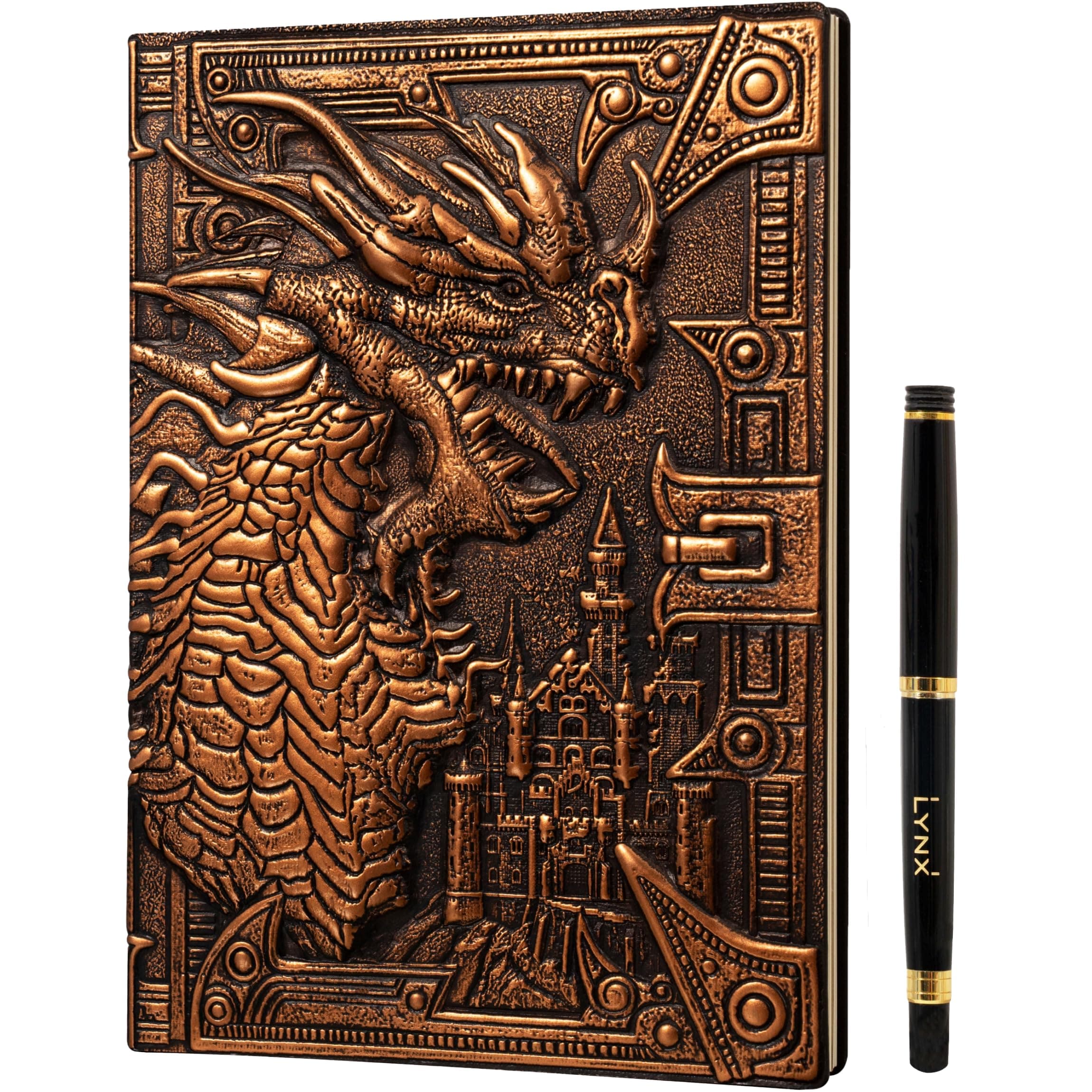 DND Notebook/Journal, Unique 200 Page Book with 3D Bronze Dragon Embossed Faux Leather Cover with Pen- Ideal for Dungeons & Dragons/D&D. Great RPG Accessories Gift for DM's & Players, Men or Women