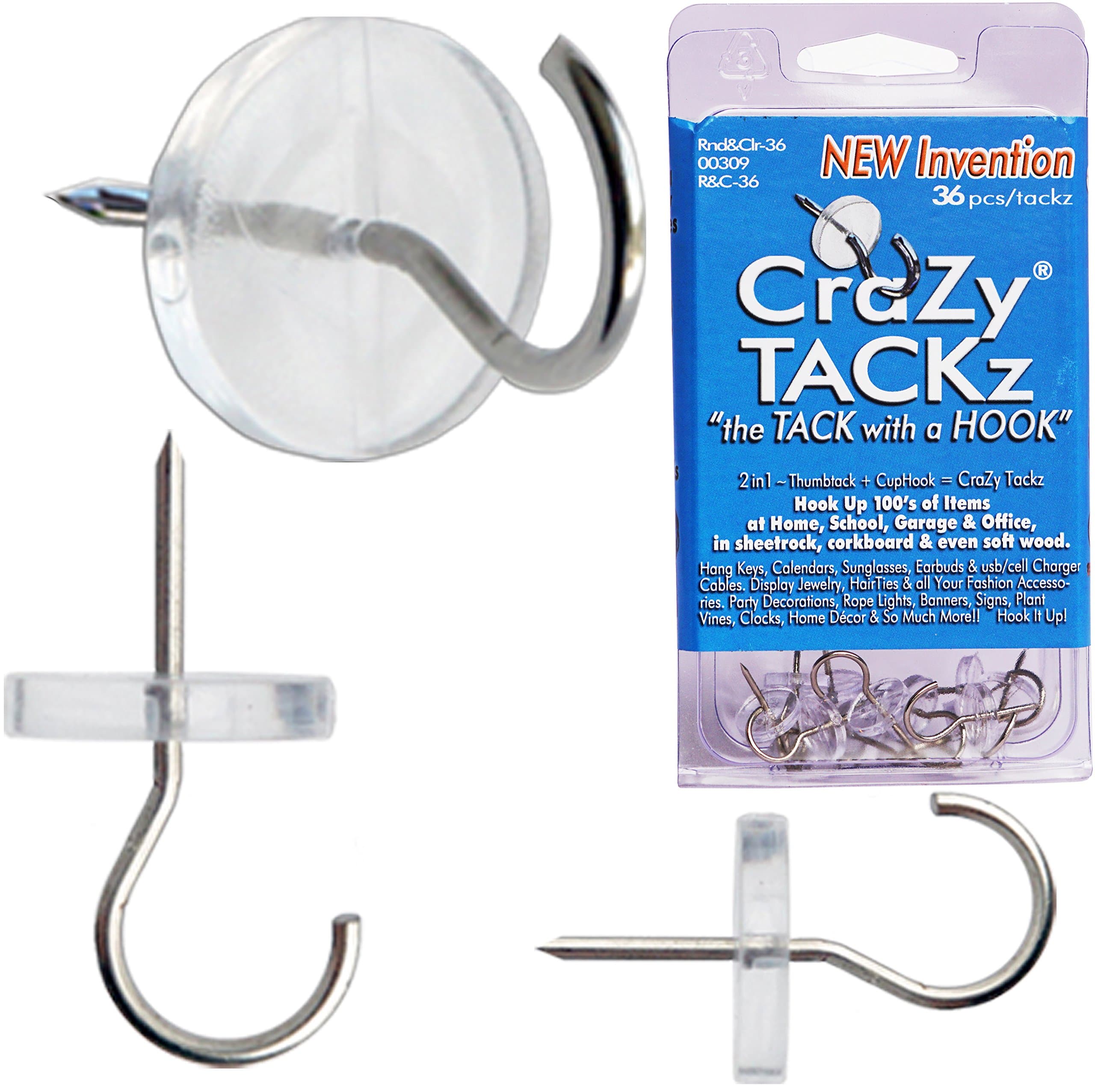 CraZy TACKz 36 tacks - 2 in 1: push pins hook - New Invention Hang 100's of Items Interior or Exterior Decor at Home, School, Office, DIY, for Party or Holiday - in re-usable Storage Organizer (Round & Clear - 36pcs/Clamshell)