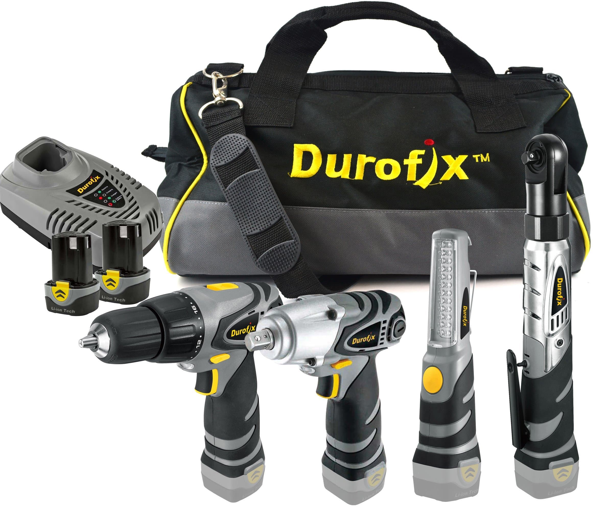 Durofix RD1295WIL 12-Volt Li-ion 4 Tools Combo Kit (Impact Wrench/Ratchet/Drill/LED Light + Tool Bag)