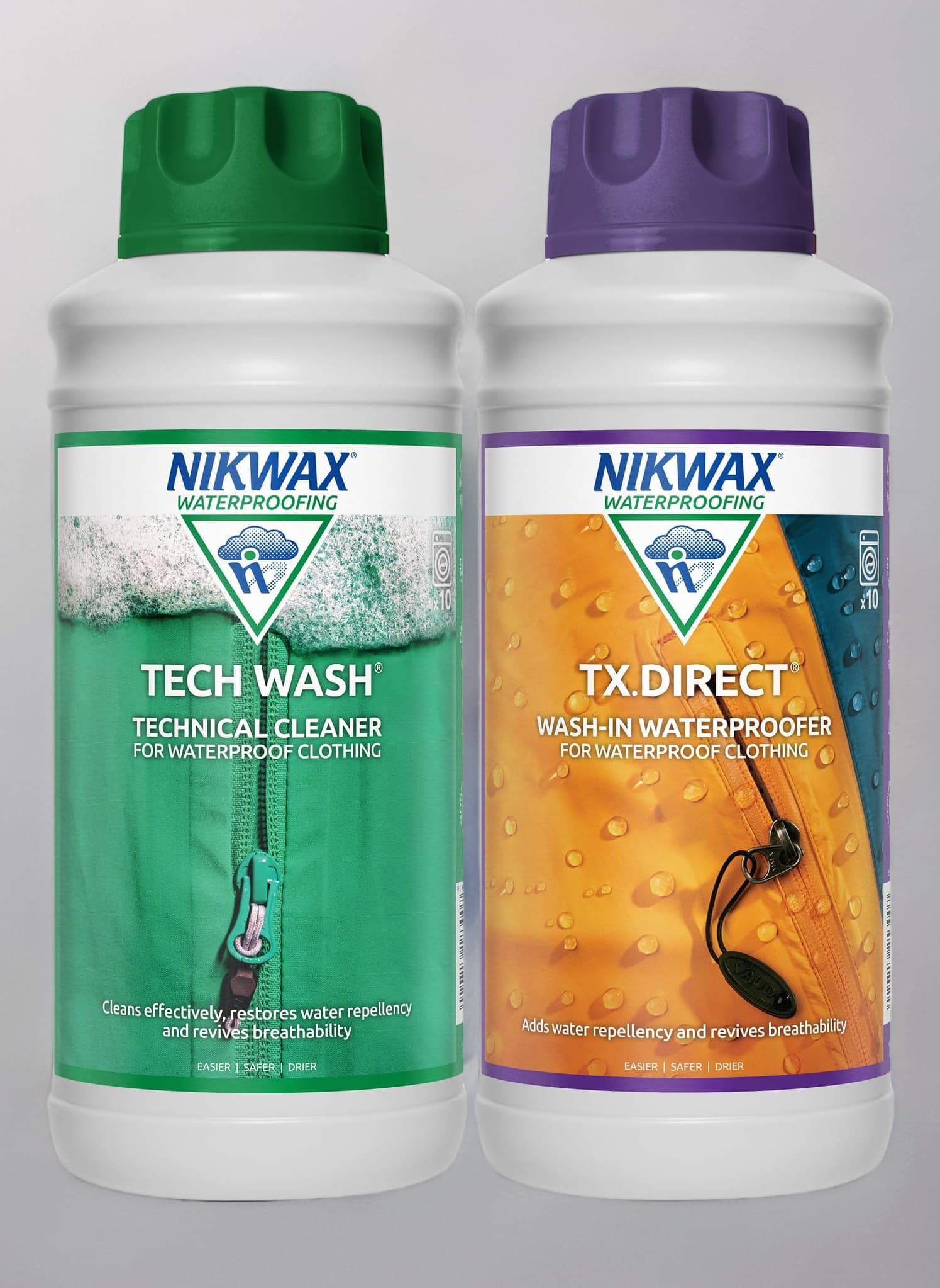 Nikwax TECH WASH and TX DIRECT Twin Pack, Technical Cleaner and Wash-In Waterproofer for Waterproof Clothing, Cleans, Waterproofs, Revitalises Breathability, 2x 1L