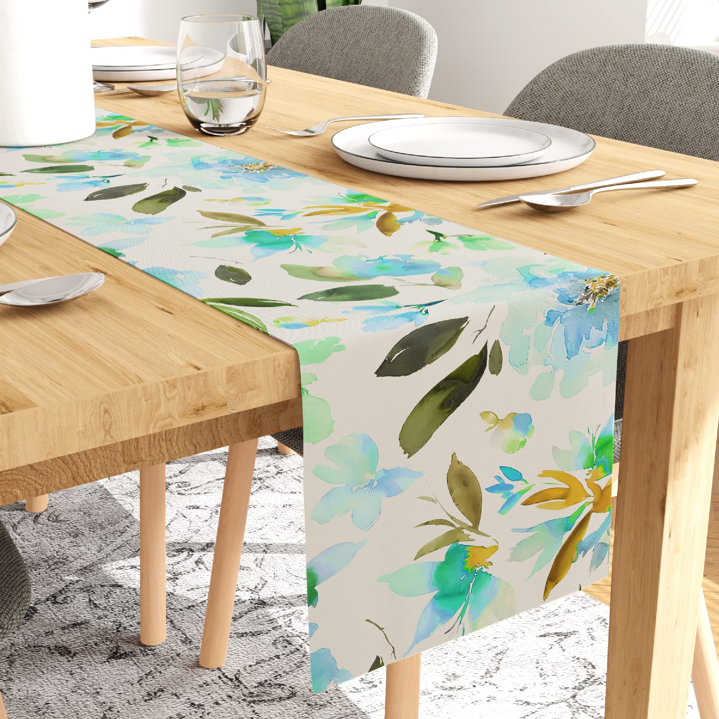 Encasa XO Dining Table Runner for 4 Seater- Polyester Twill Fabric - Foil Digital Print -Size 28x150 cm - Decorative Cloth for Centre and Coffee Table - Washable - 1 Pc - F1 Aqua