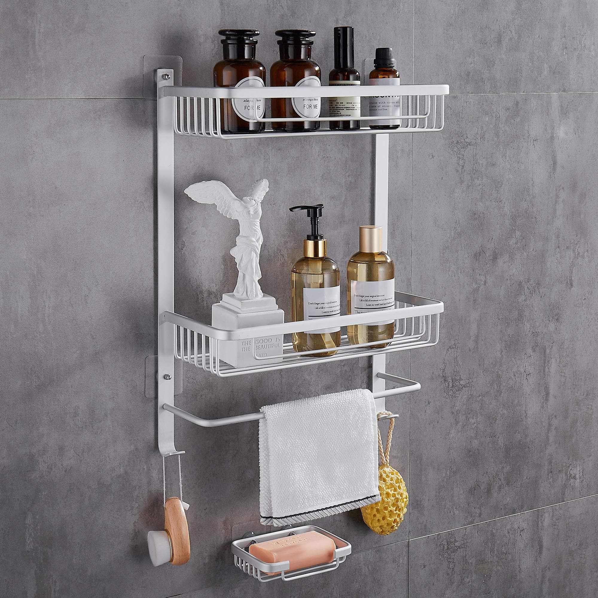 Hoomtaook Bath Shower Caddy Drill-free Bath Organizer Kitchen Storage Basket No Drilling Shower Caddy Adhesive Wall Mounted Strong Shower Caddies Kitchen Racks