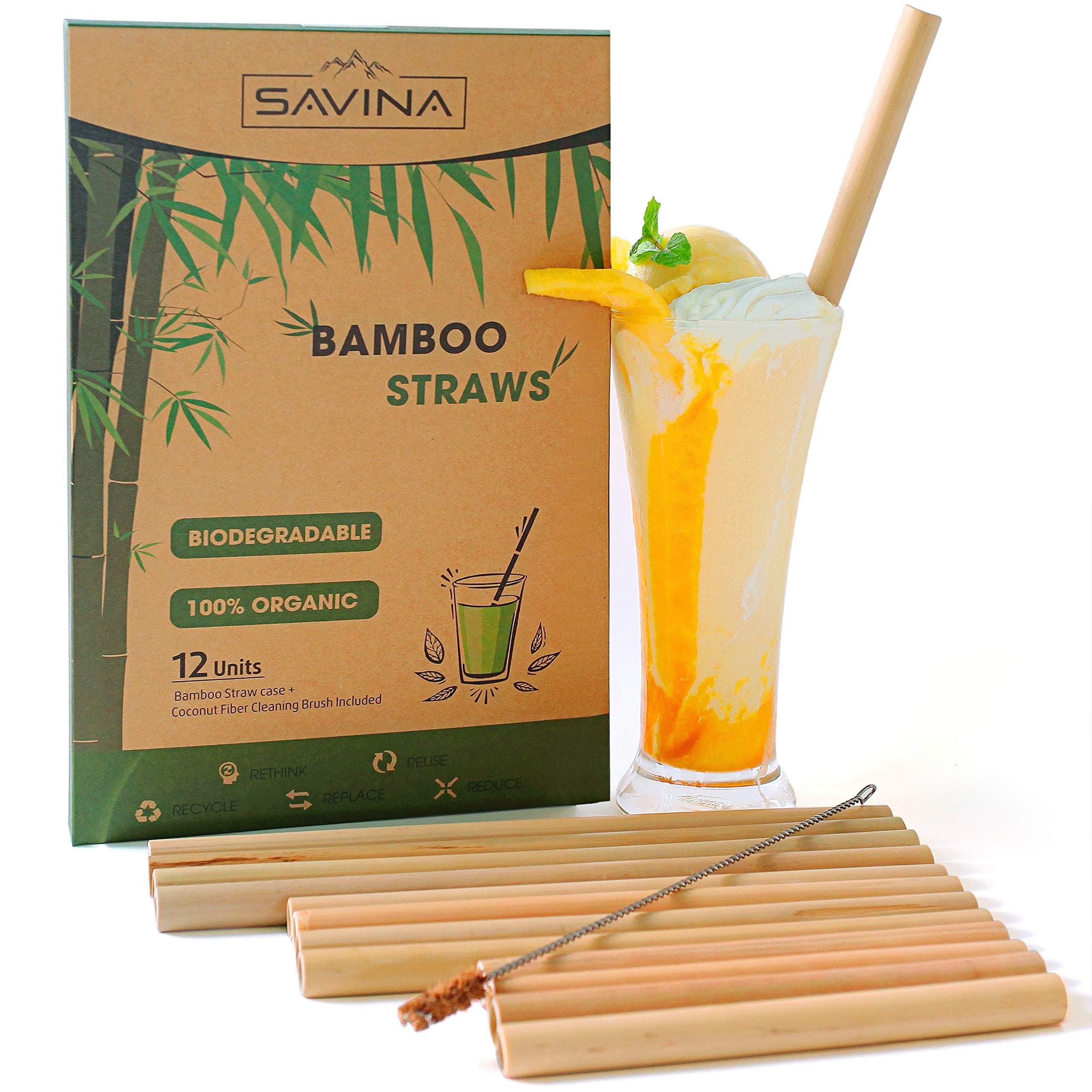 Bamboo Straws - 12psc Biodegradable Reusable with 3 Sizes 6", 8", 9.5"- BPA Free, Non-Toxic and No Inks or Dyes - Bonus Coconut Fiber Cleaning Brush.