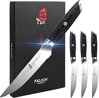 TUOSteak Knives - 4 Piece Steak Knife Set, Serrated Edge Steak Knives 5 inch Kitchen Knife - German High Carbon Stainless - Full Tang Pakkawood Handle - Falcon Series with Gift Box