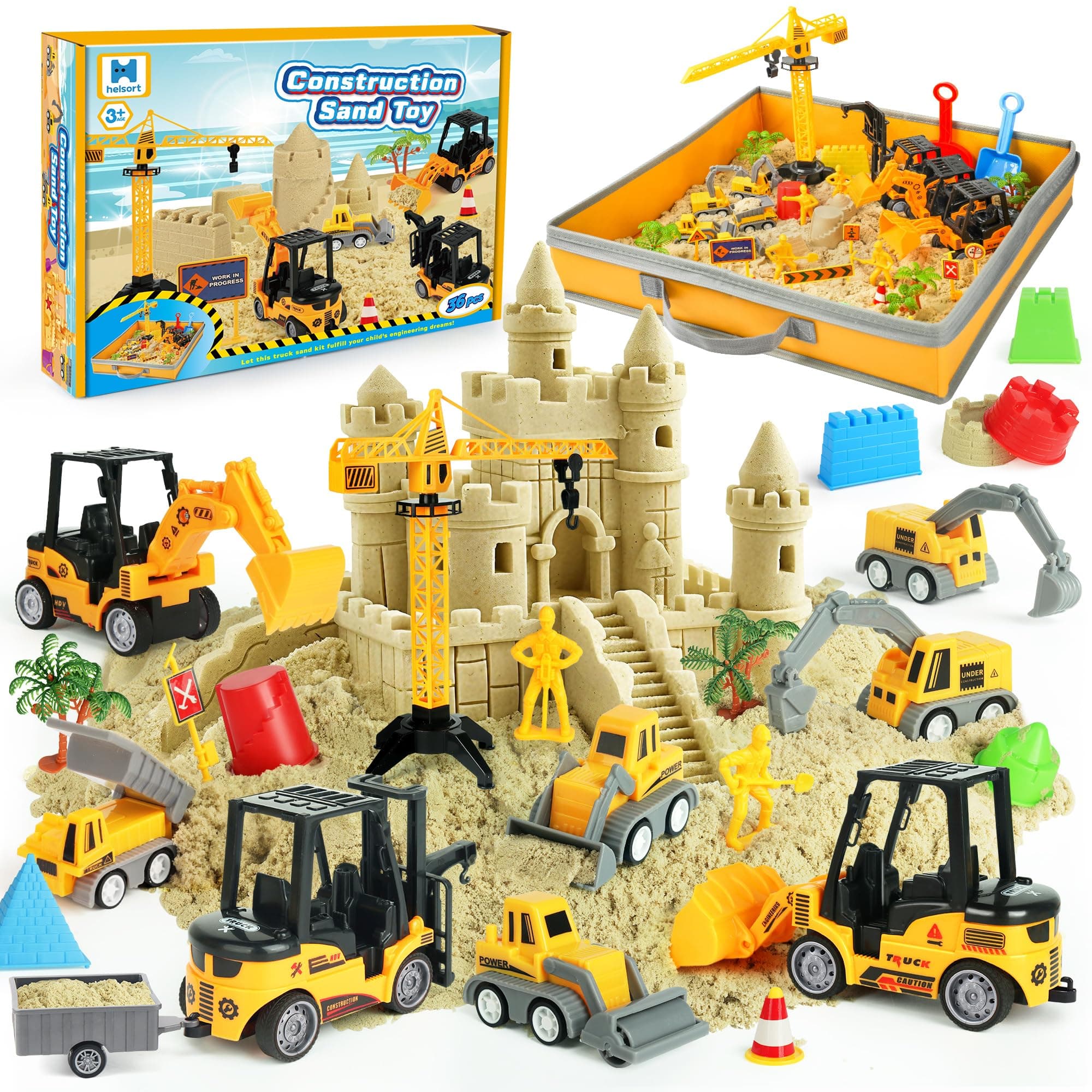 Sand Construction Site Kit - 37 Pcs Play Sand Art Kit with 8 Construction Trucks, Folding Sandbox, 2.2 lbs Magic Sand, Crane, Worker, Road Signs, Molds, Shovel - Ideal Toys for Boys Girls Age 3+