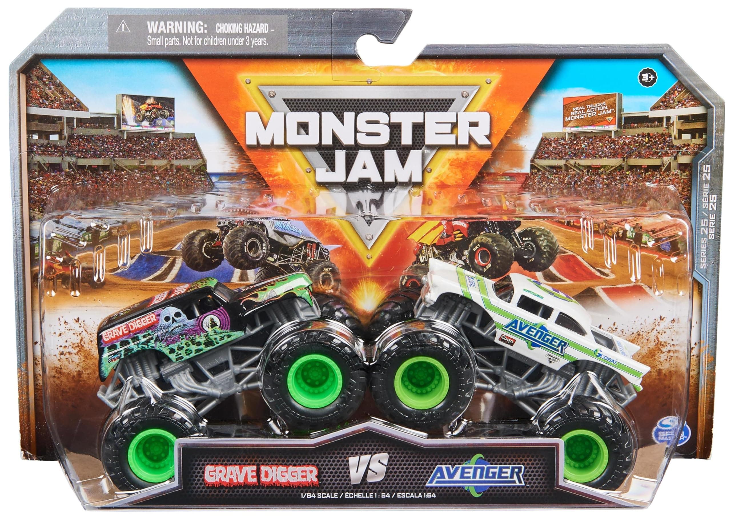Original Monster Jam Pack of Two with Authentic Monster Trucks in Scale 1:64, Crass Stunt Action from 3 Years (Assorted Designs, Random)