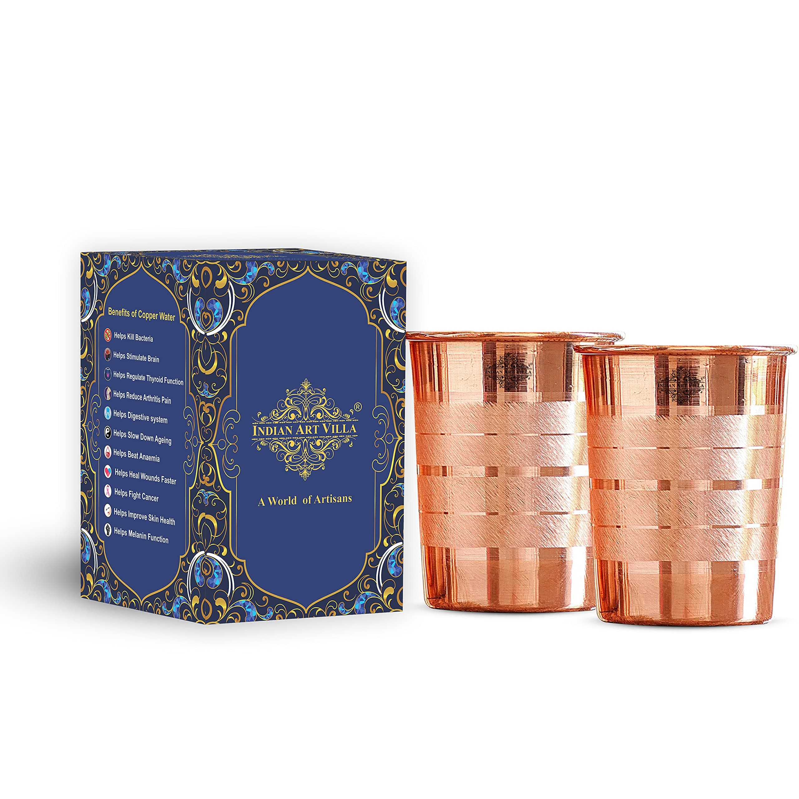 Pure Copper Plain Glass with Luxury Design, Drinking Serving Water, Yoga Ayurveda, Volume-300 ml, Pack of 2