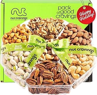 NUT CRAVINGS - Christmas Treats Mixed Nuts Gift Basket with Happy Holiday Ribbon (7 Assortments) Treats for Adults, Food Arrangement, Healthy Snack Care Package, Kosher