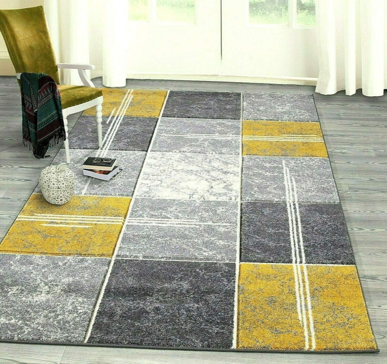 Small Large Mustard Ochre Silver Grey Modern Soft Thick Squares Blocks Design Carved Rugs Long Hall Runner Mats (6 (60x120cm)
