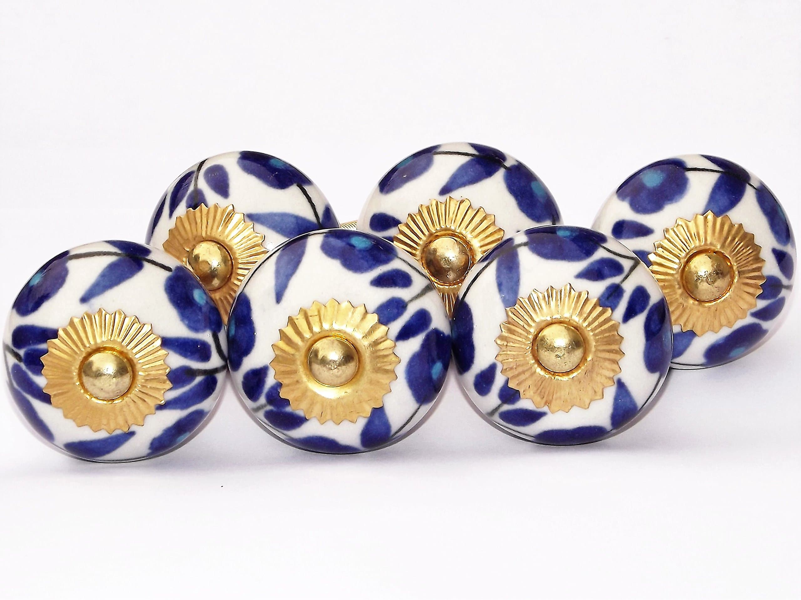 6 x White Round knob with Light and Dark Blue Flowers (Brass Fittings) Ceramic Cupboard Door knob Drawer Pull Shabby Chic Handle Porcelain