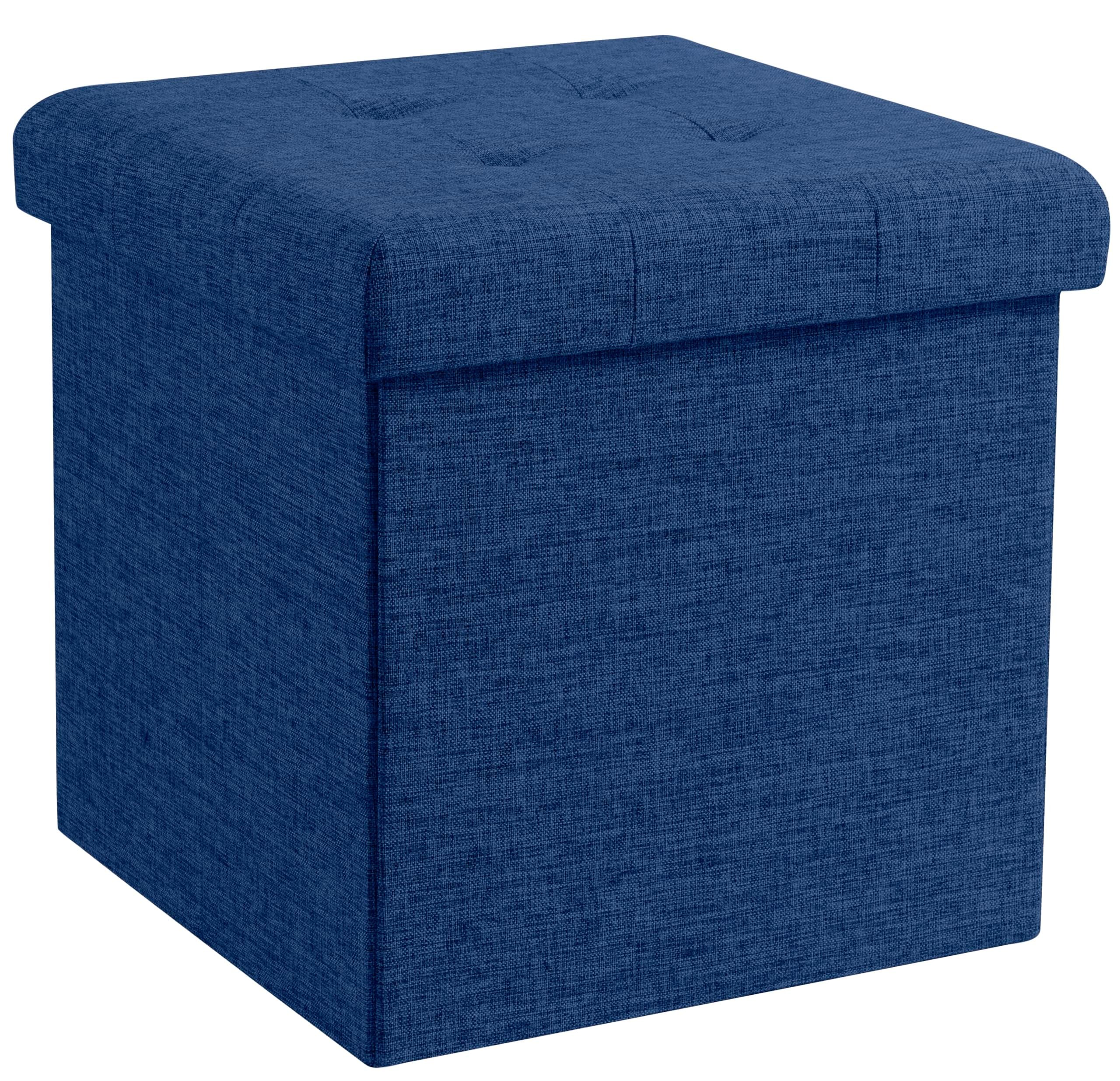 Foldable Tufted Linen Storage Ottoman Square Cube Foot Rest Stool/Seat - 15" x 15" x 15" (Navy)